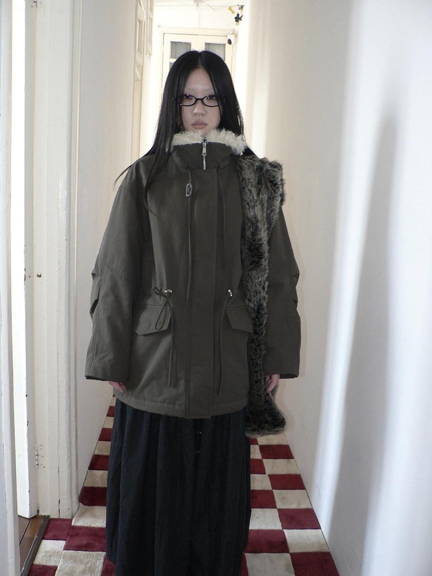 ang project Cozy Fleece Lined Korean Loose Mid Length Zipper Women Cotton Blend Coat