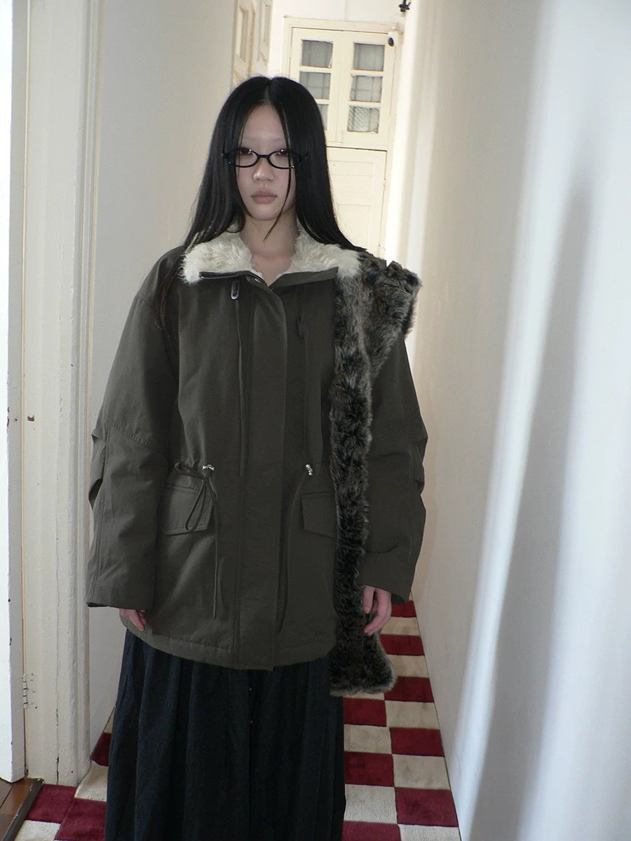ang project Cozy Fleece Lined Korean Loose Mid Length Zipper Women Cotton Blend Coat