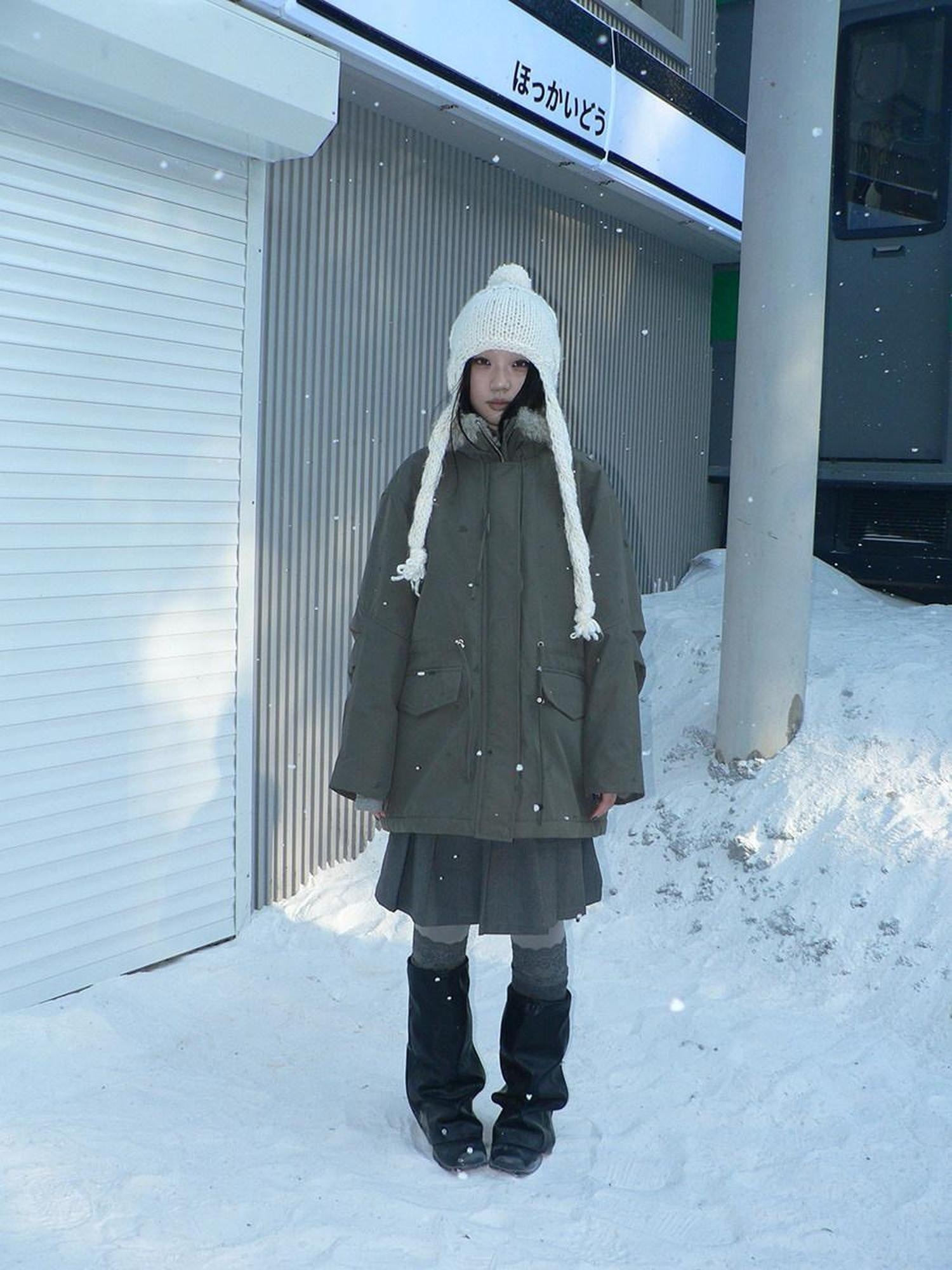 ang project Cozy Fleece Lined Korean Loose Mid Length Zipper Women Cotton Blend Coat