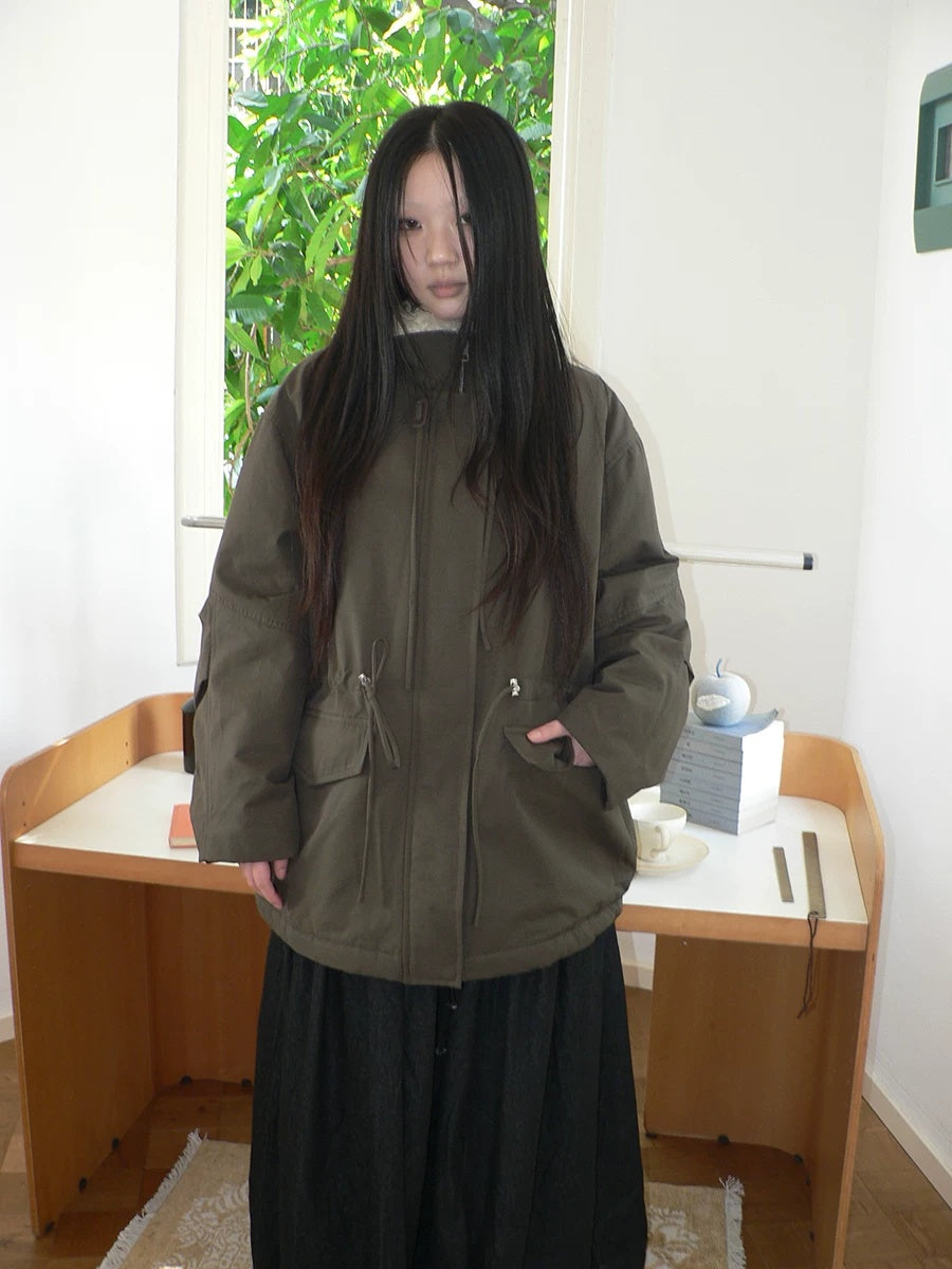 ang project Cozy Fleece Lined Korean Loose Mid Length Zipper Women Cotton Blend Coat