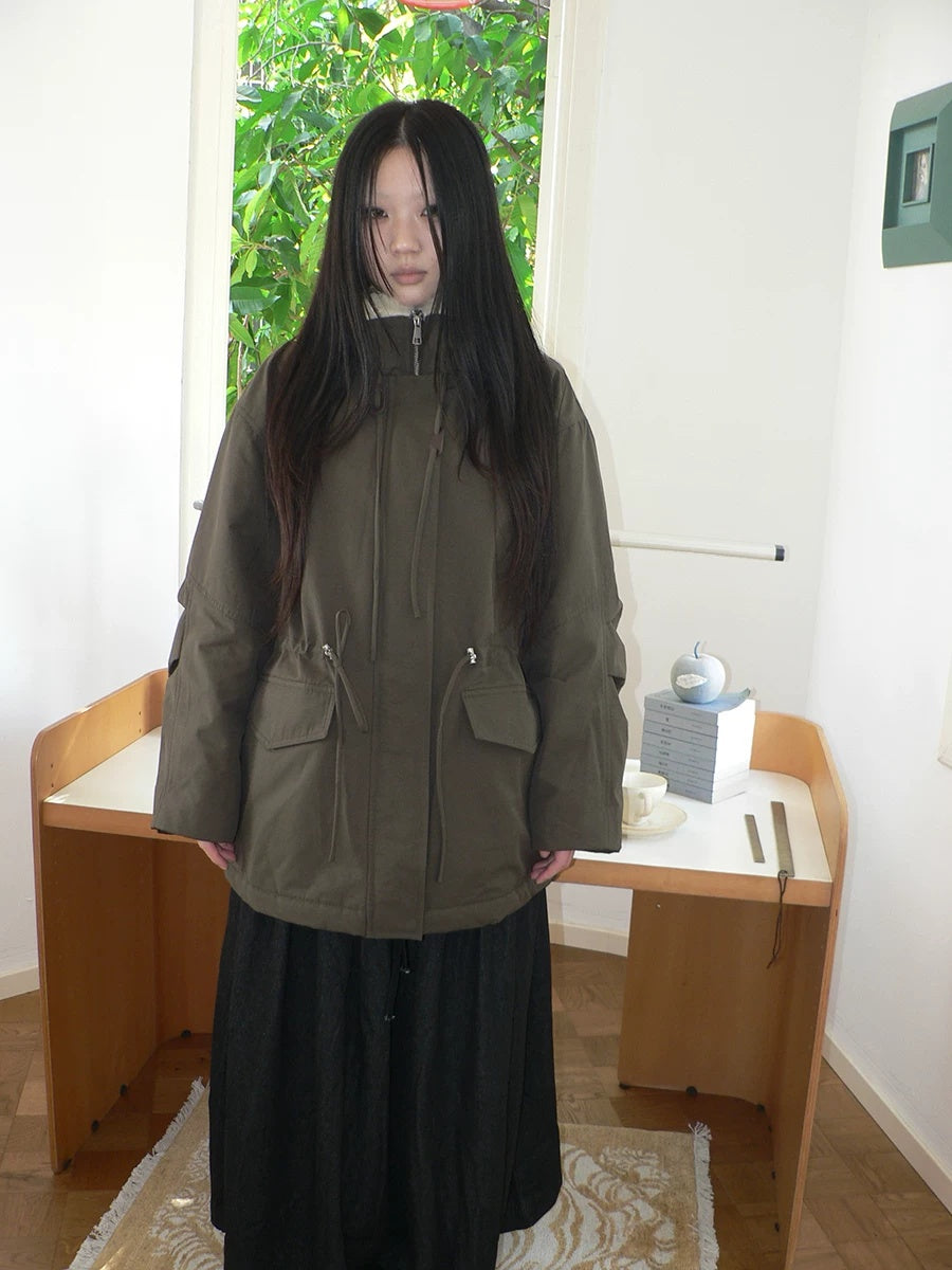 ang project Cozy Fleece Lined Korean Loose Mid Length Zipper Women Cotton Blend Coat