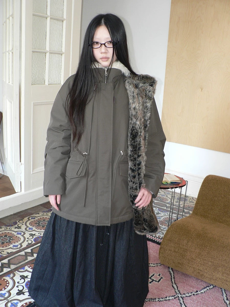ang project Cozy Fleece Lined Korean Loose Mid Length Zipper Women Cotton Blend Coat