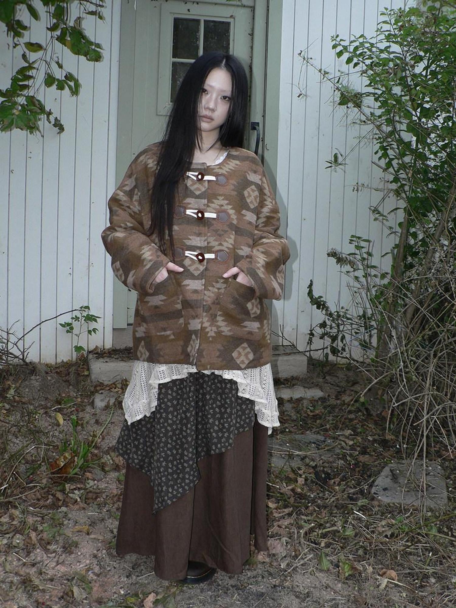 ang project Cozy Oversized Vintage Commuter Round Neck Brown Single Button Puffer Jacket