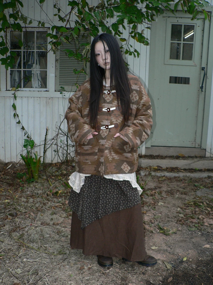 ang project Cozy Oversized Vintage Commuter Round Neck Brown Single Button Puffer Jacket