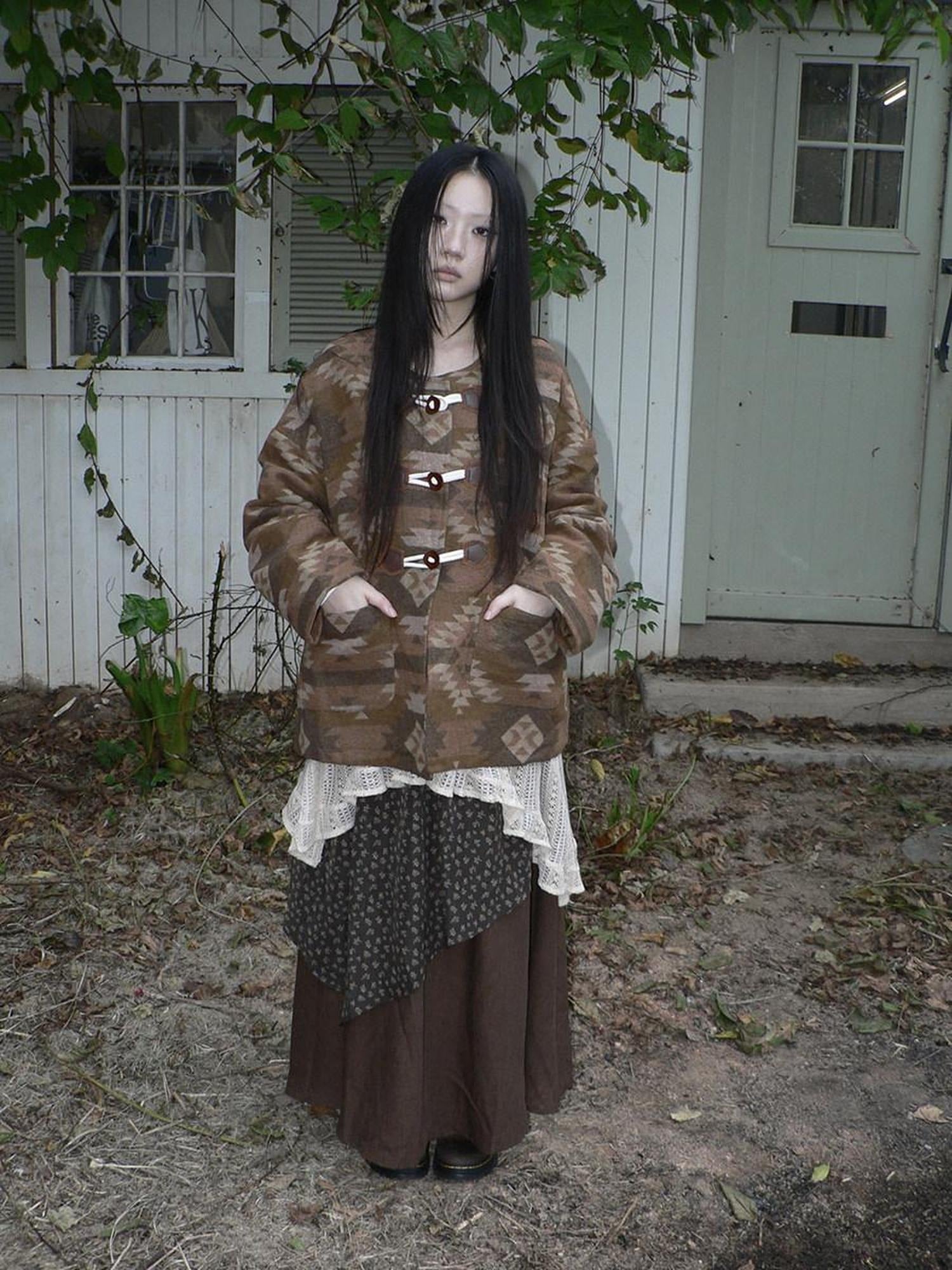ang project Cozy Oversized Vintage Commuter Round Neck Brown Single Button Puffer Jacket