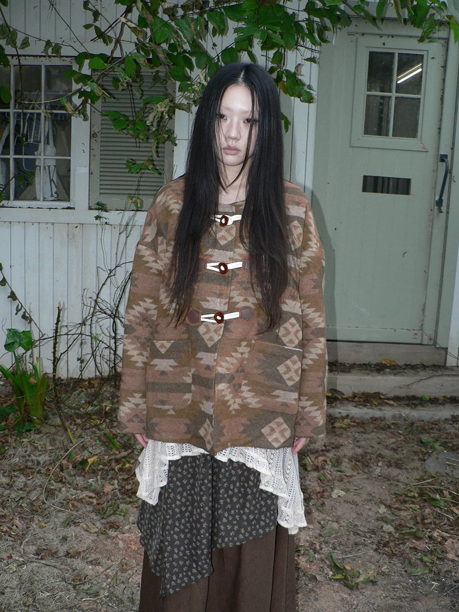 ang project Cozy Oversized Vintage Commuter Round Neck Brown Single Button Puffer Jacket