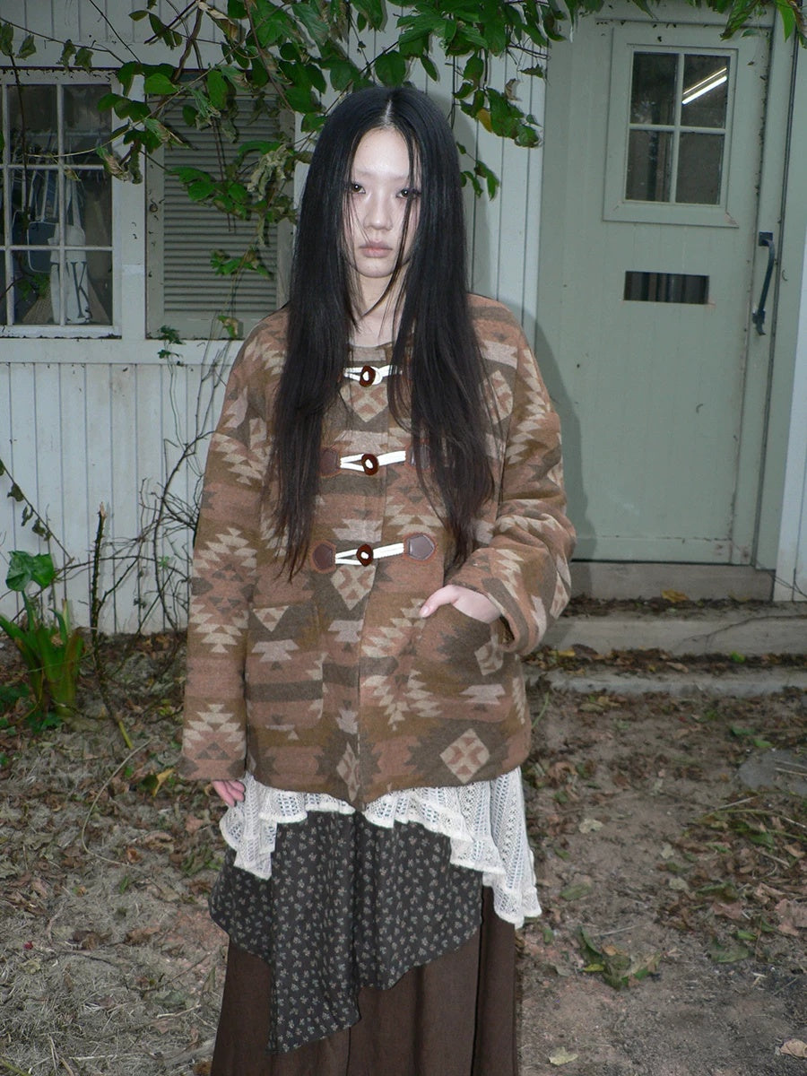 ang project Cozy Oversized Vintage Commuter Round Neck Brown Single Button Puffer Jacket