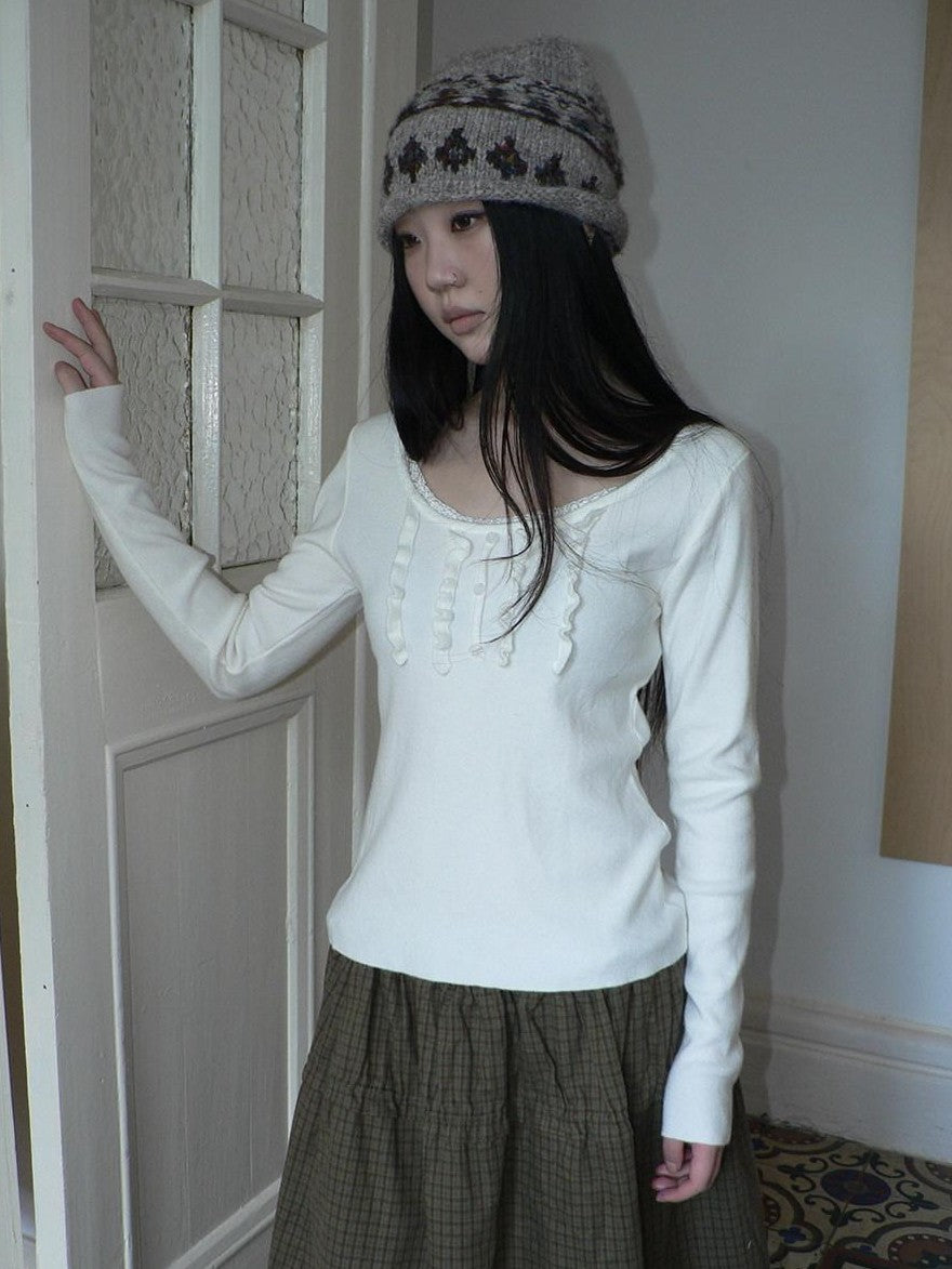 ang project Cream Light Heather Gray Lettuce Edge U Neck Button Slim Fit Women&