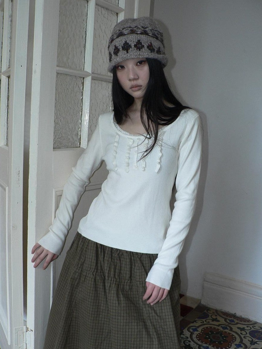 ang project Cream Light Heather Gray Lettuce Edge U Neck Button Slim Fit Women&
