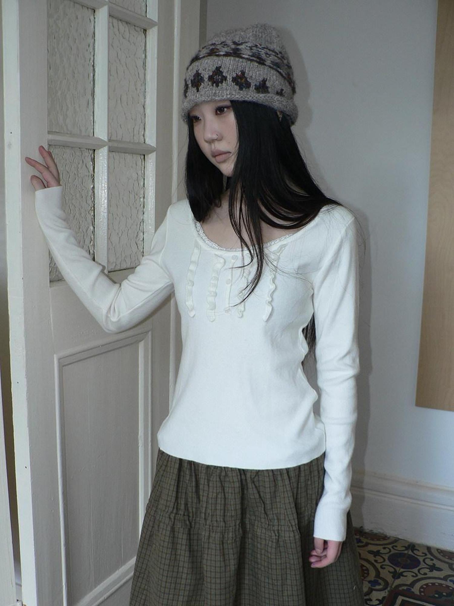 ang project Cream Light Heather Gray Lettuce Edge U Neck Button Slim Fit Women&