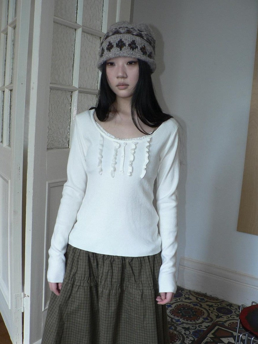 ang project Cream Light Heather Gray Lettuce Edge U Neck Button Slim Fit Women&