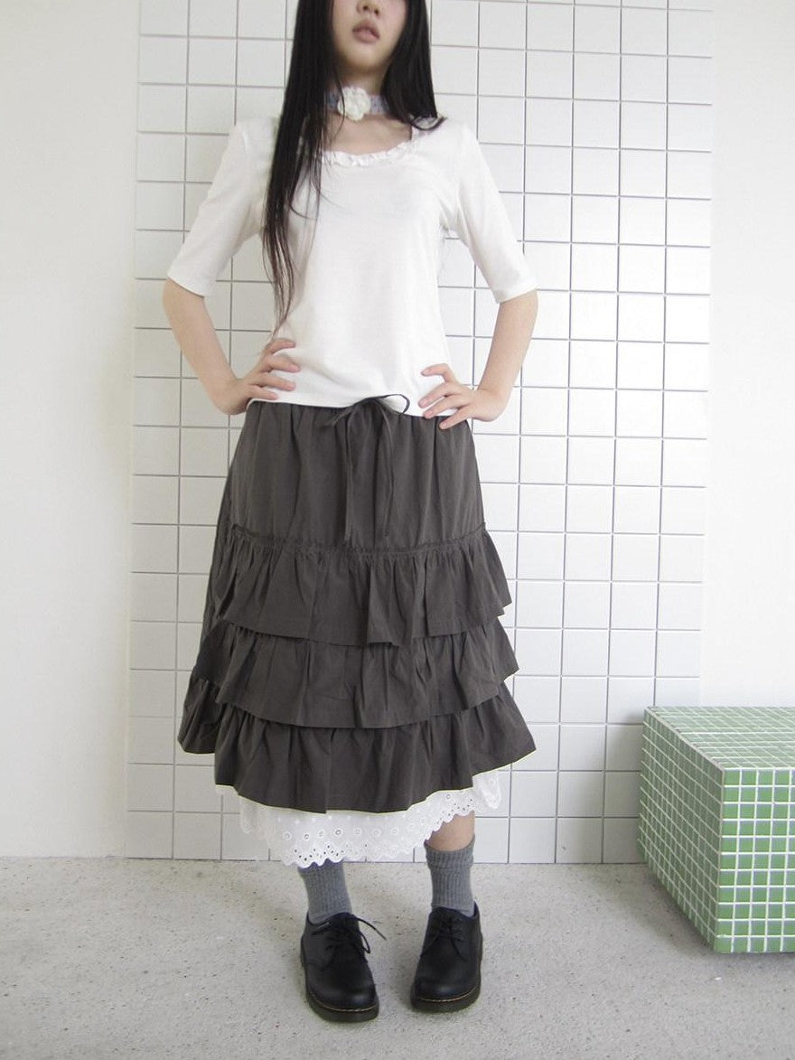 ang project Dark Gray Lace Cutout Patchwork Elastic Waist Women&