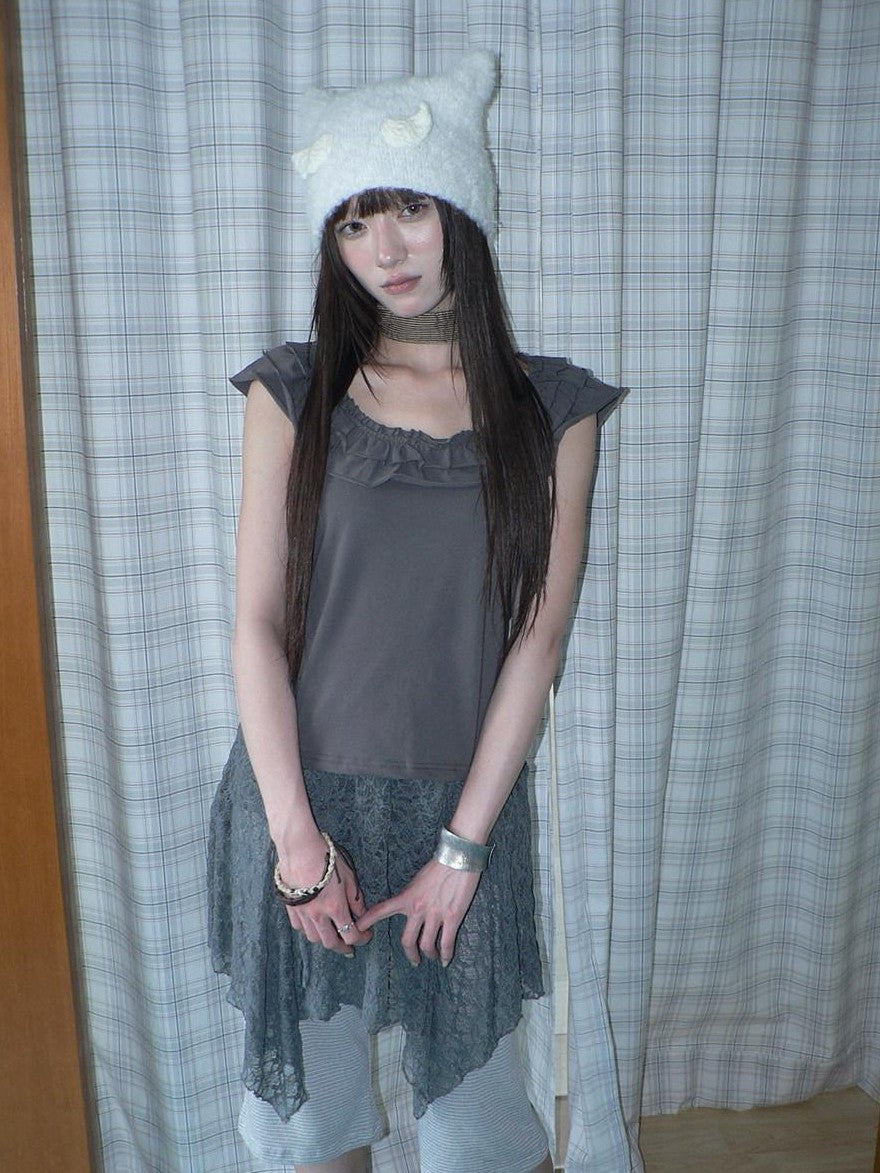 ang project Dark Gray Vintage Ruffle U Neck Flutter Sleeves Women&