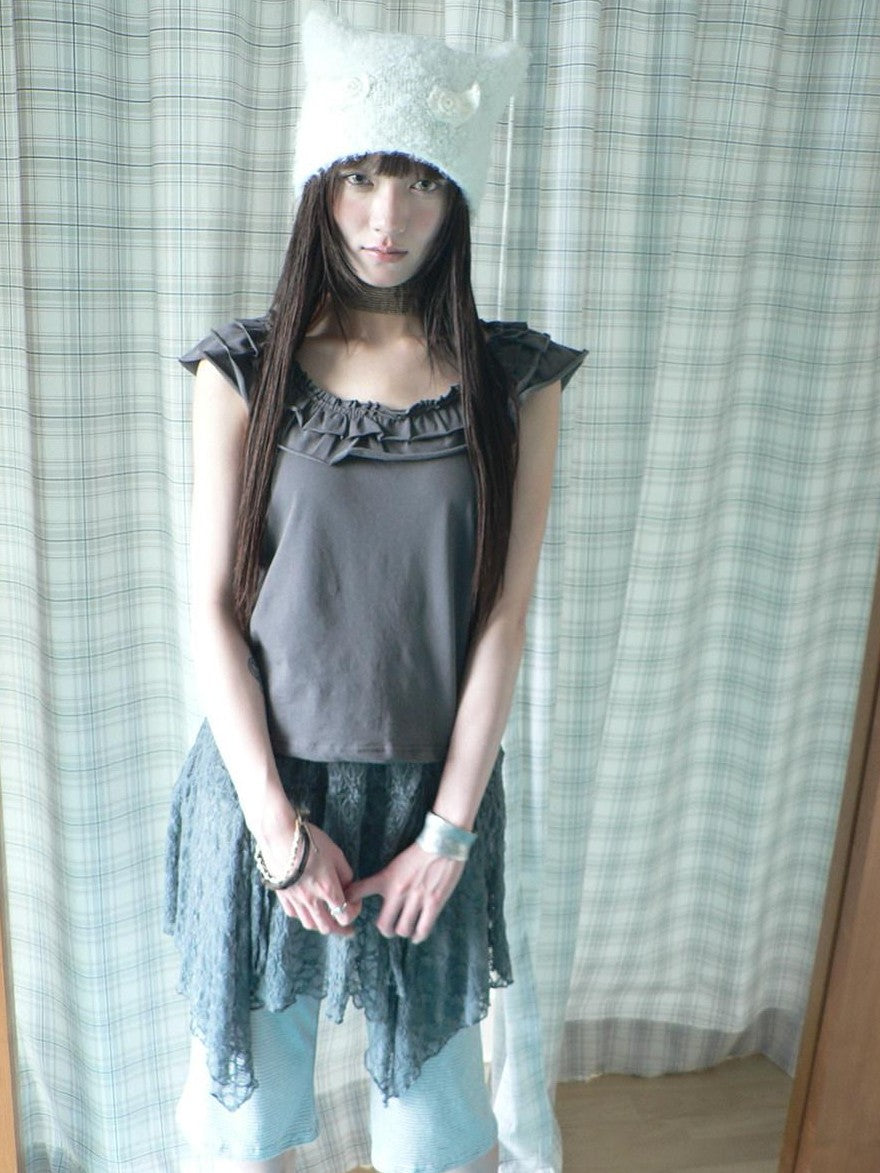 ang project Dark Gray Vintage Ruffle U Neck Flutter Sleeves Women&