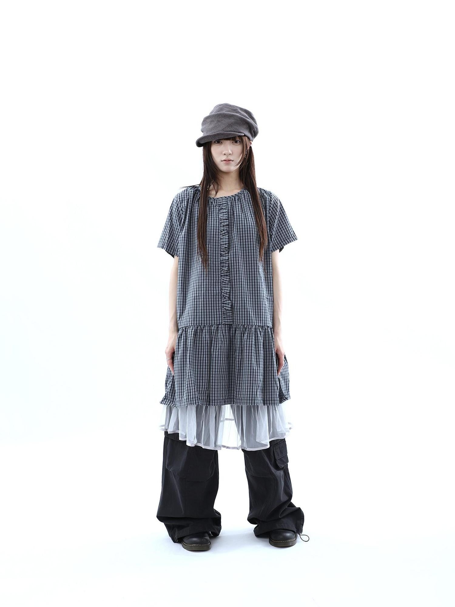 ang project Deep Blue Plaid Ruffle Round Neck Retro Women&