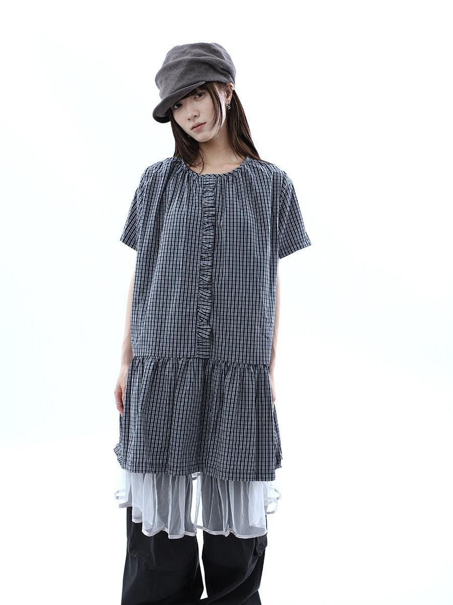 ang project Deep Blue Plaid Ruffle Round Neck Retro Women&