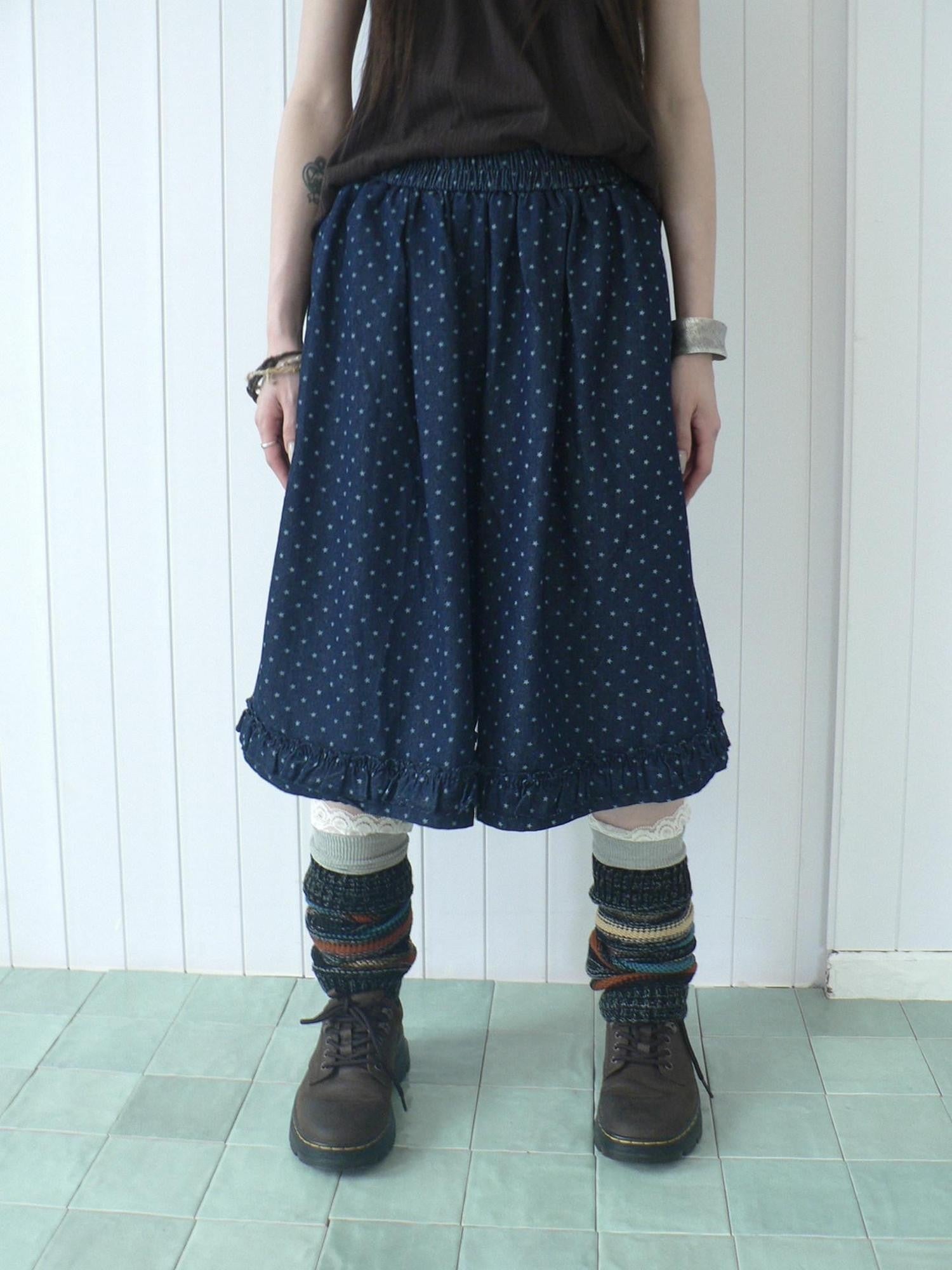 ang project Deep Blue Star Print Ruffle Elastic Waist Women&