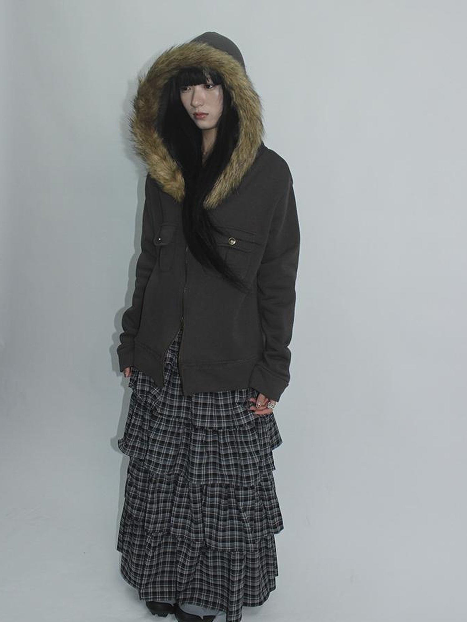 Updateang project Detachable Fur Hooded Fleece Sweatshirt With Pockets