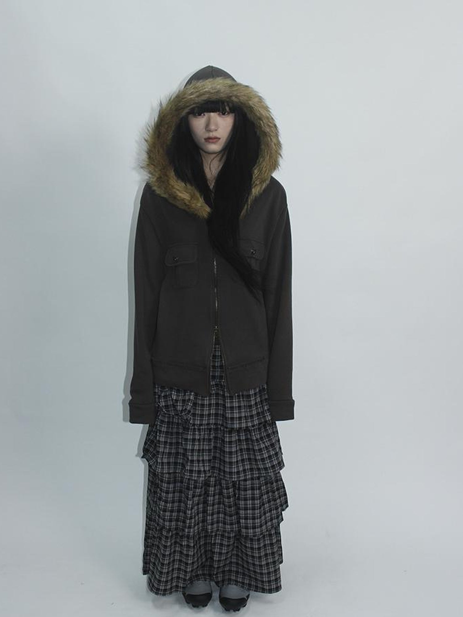 Updateang project Detachable Fur Hooded Fleece Sweatshirt With Pockets