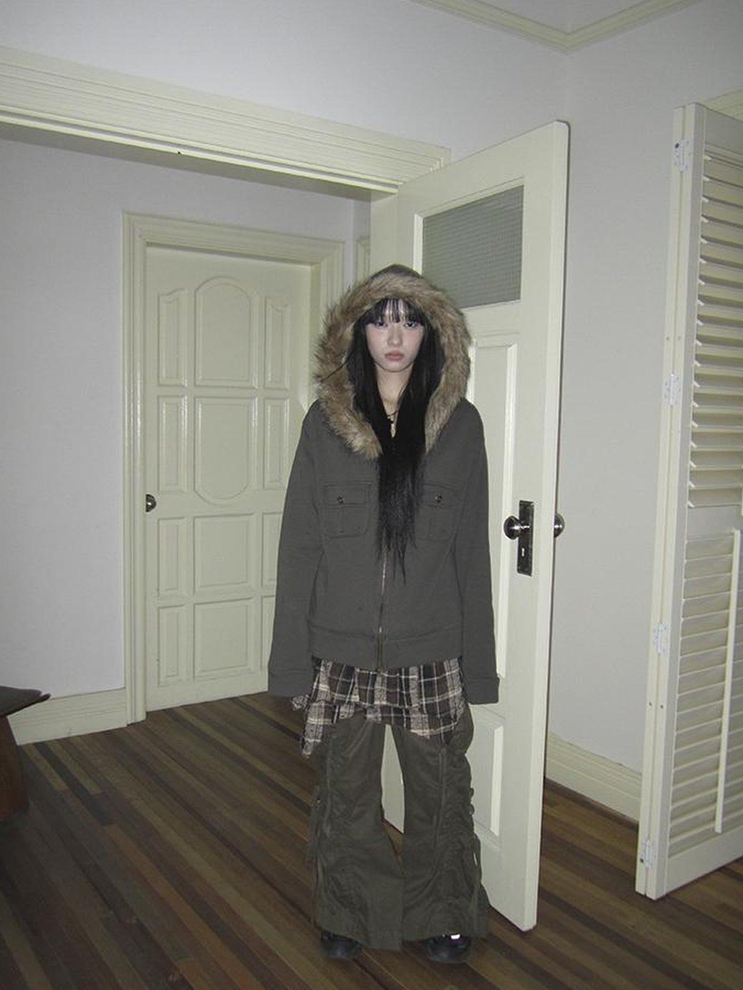 Updateang project Detachable Fur Hooded Fleece Sweatshirt With Pockets