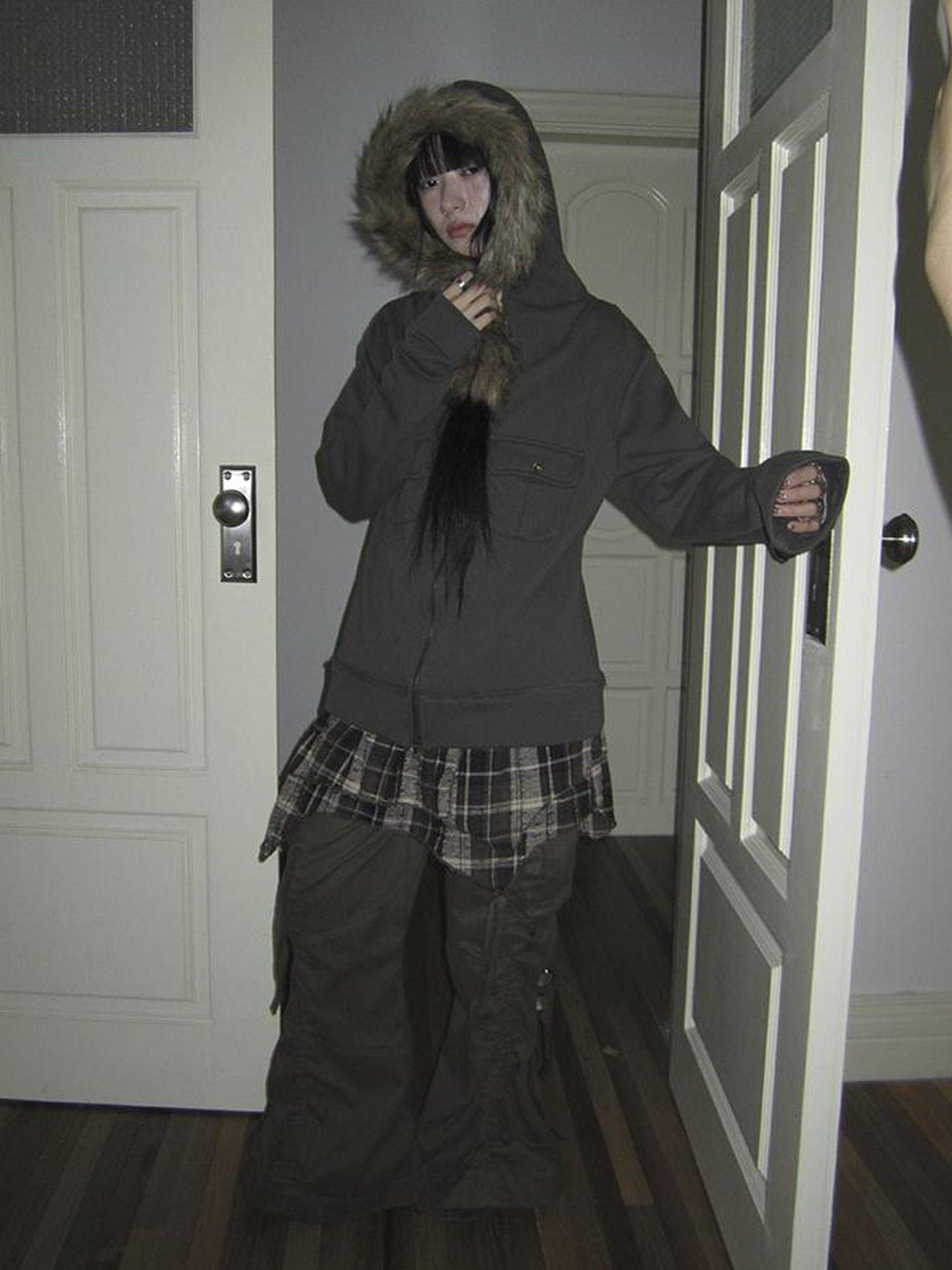 Updateang project Detachable Fur Hooded Fleece Sweatshirt With Pockets