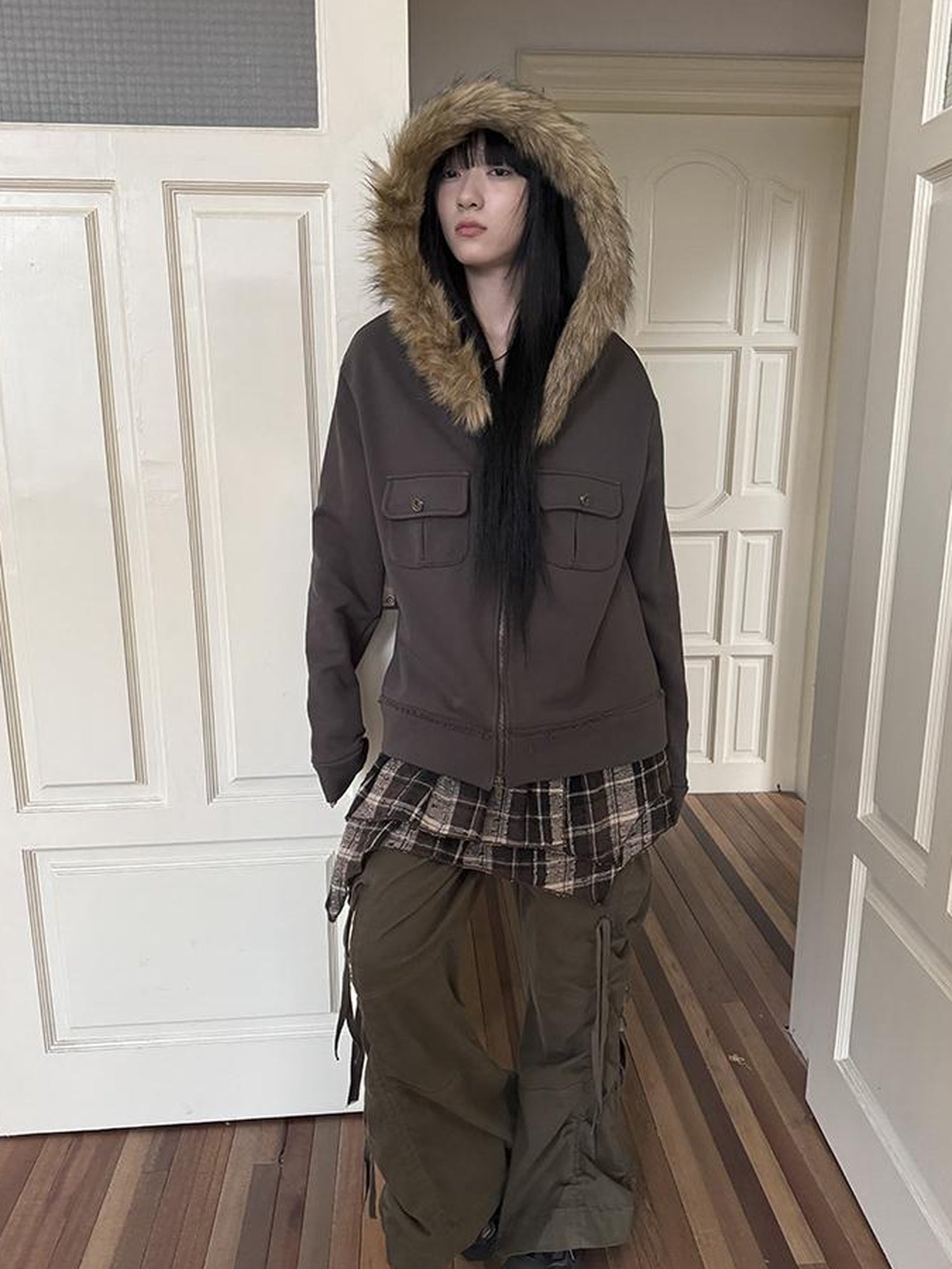 Updateang project Detachable Fur Hooded Fleece Sweatshirt With Pockets