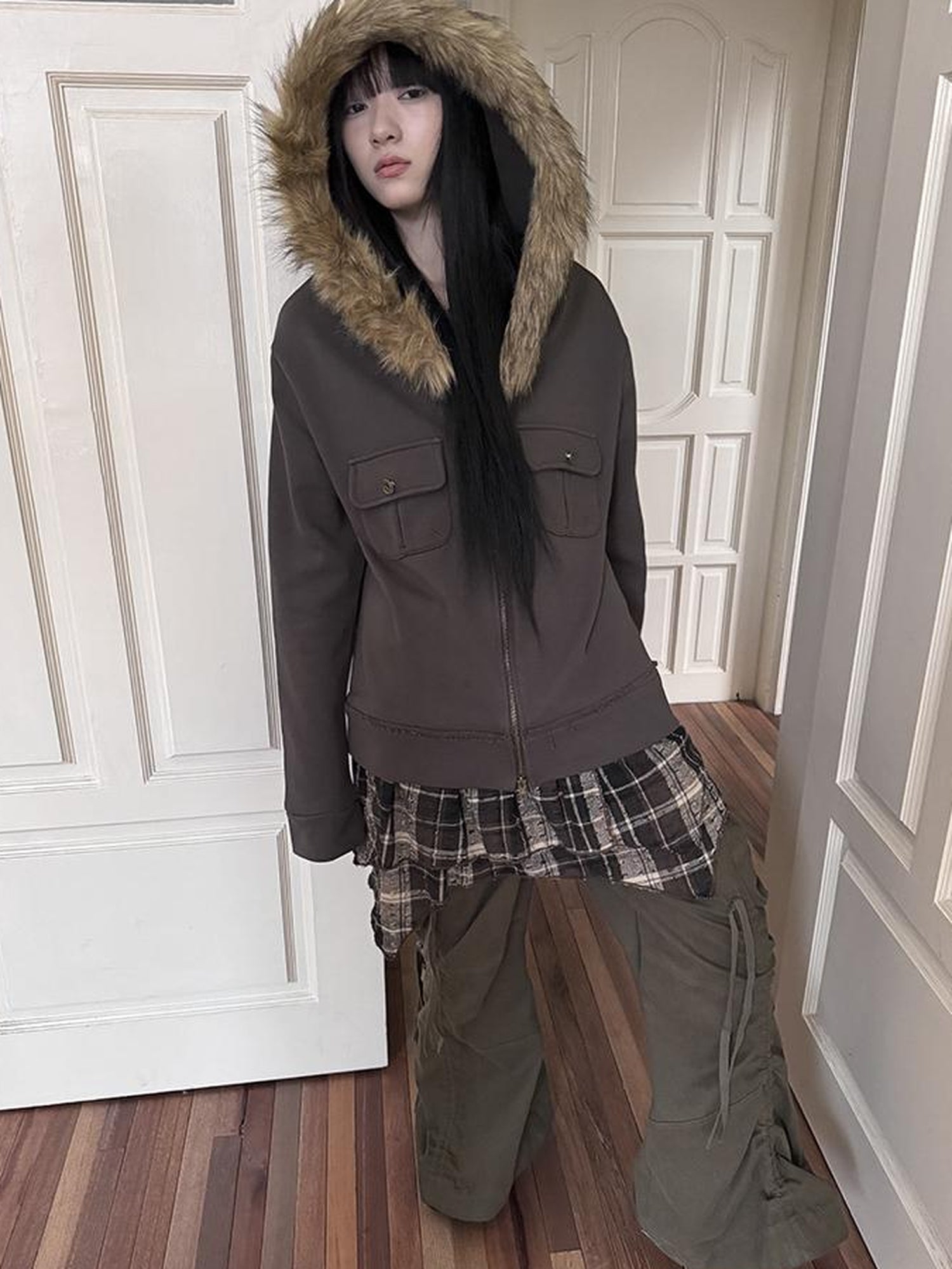 Updateang project Detachable Fur Hooded Fleece Sweatshirt With Pockets