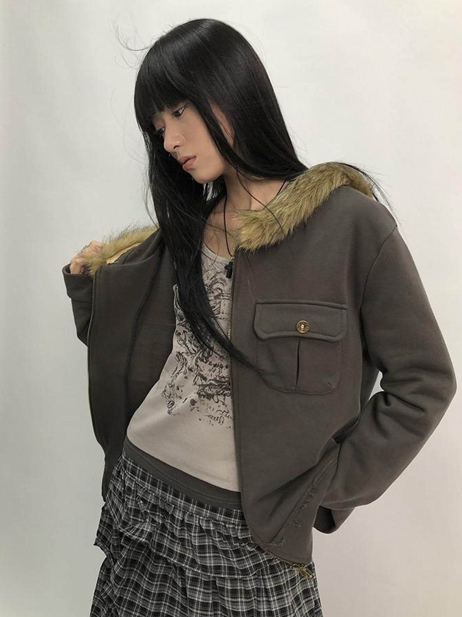 Updateang project Detachable Fur Hooded Fleece Sweatshirt With Pockets
