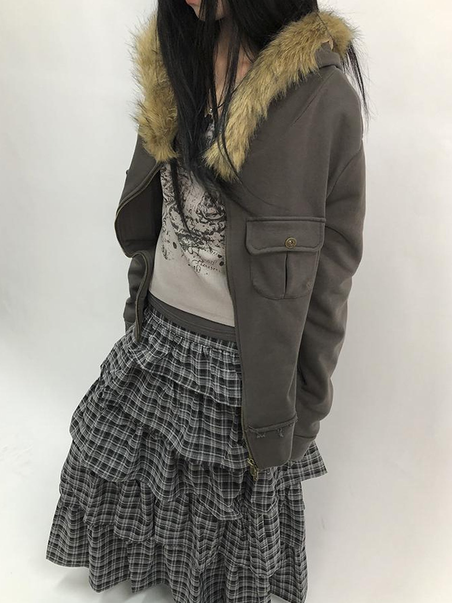 Updateang project Detachable Fur Hooded Fleece Sweatshirt With Pockets