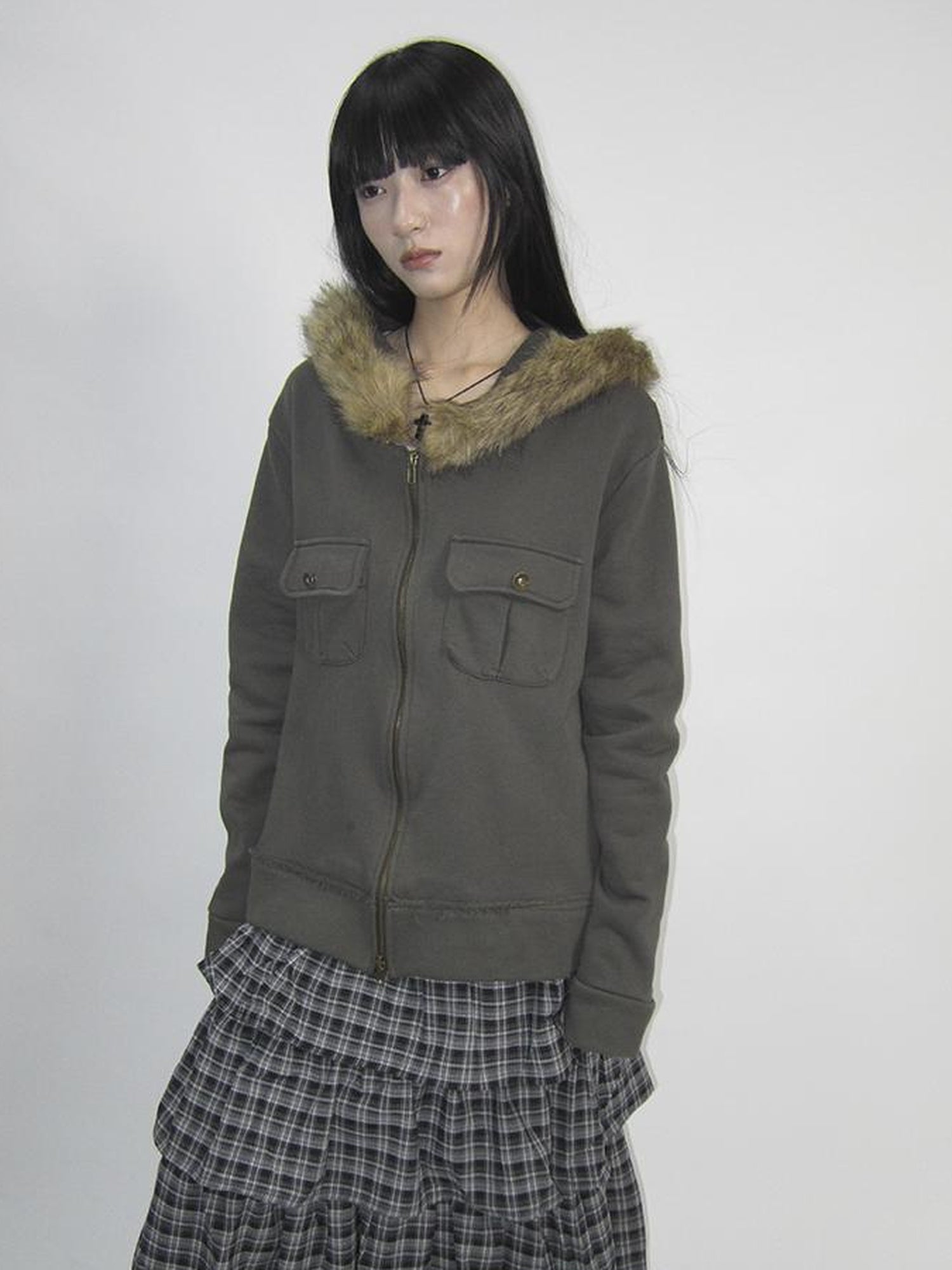 Updateang project Detachable Fur Hooded Fleece Sweatshirt With Pockets