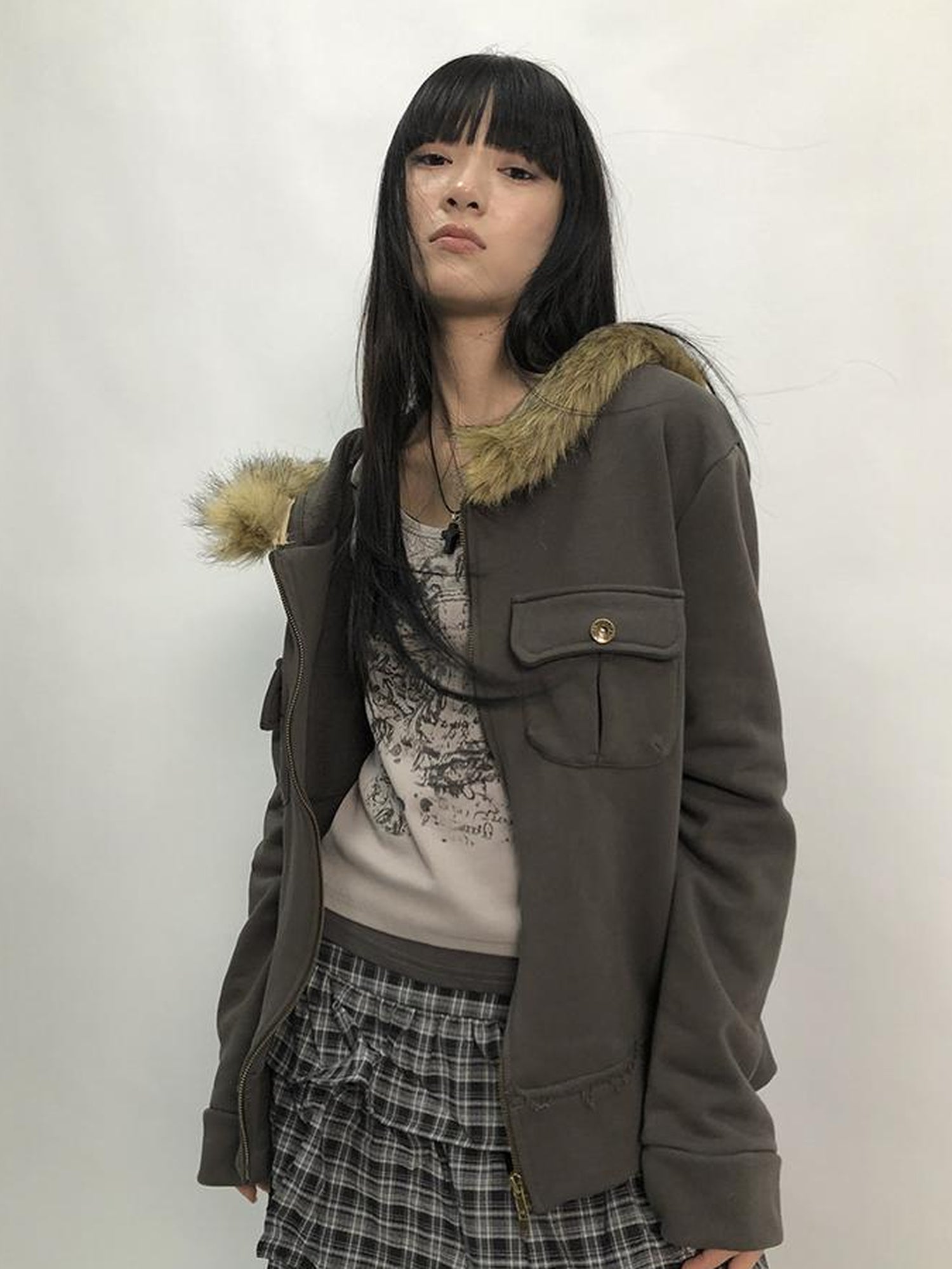 Updateang project Detachable Fur Hooded Fleece Sweatshirt With Pockets