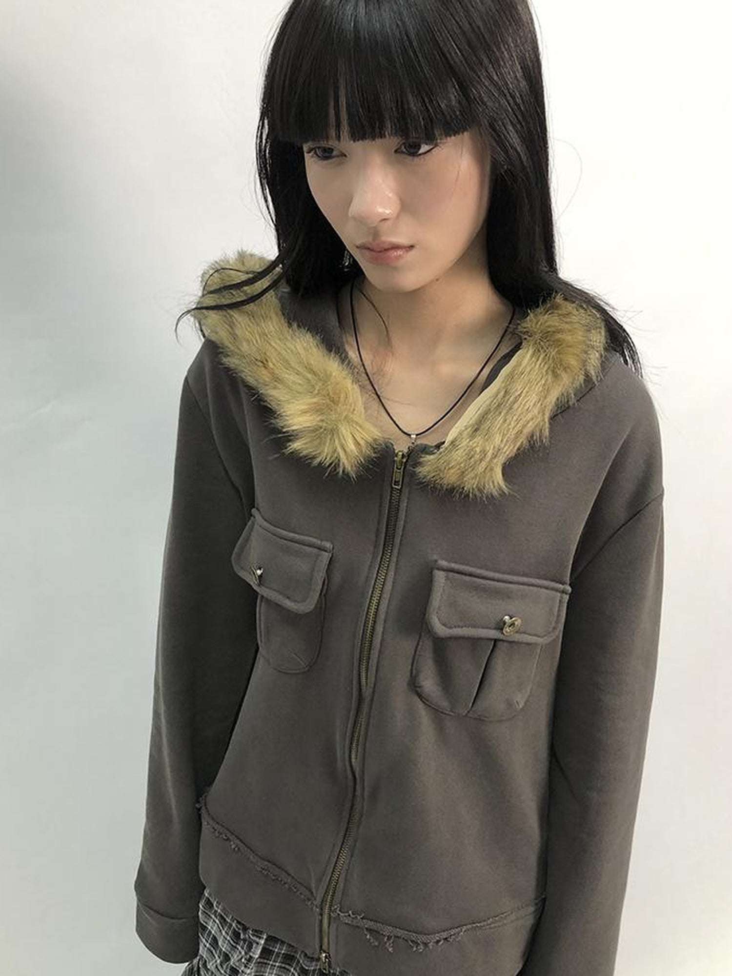 Updateang project Detachable Fur Hooded Fleece Sweatshirt With Pockets