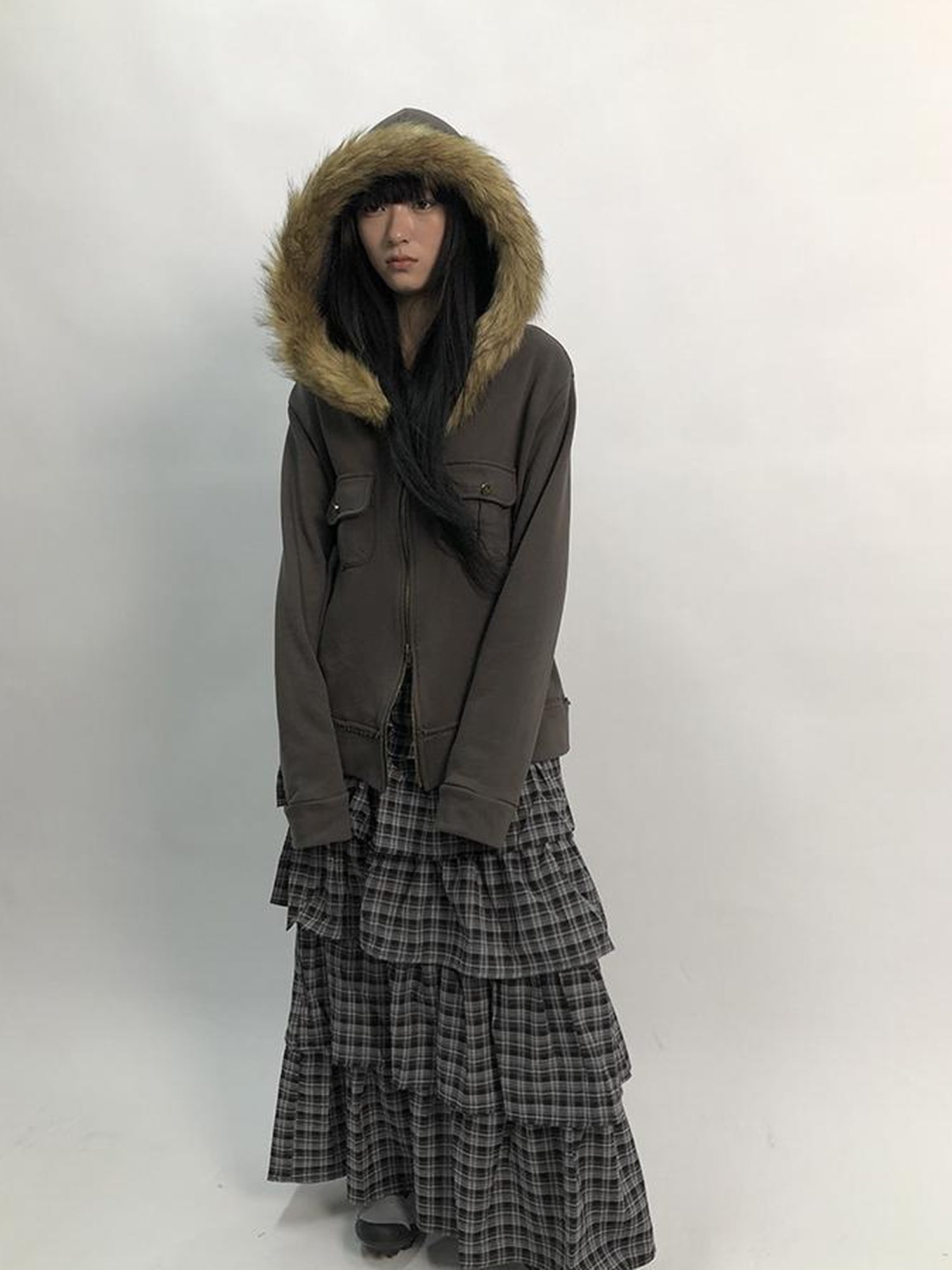 Updateang project Detachable Fur Hooded Fleece Sweatshirt With Pockets