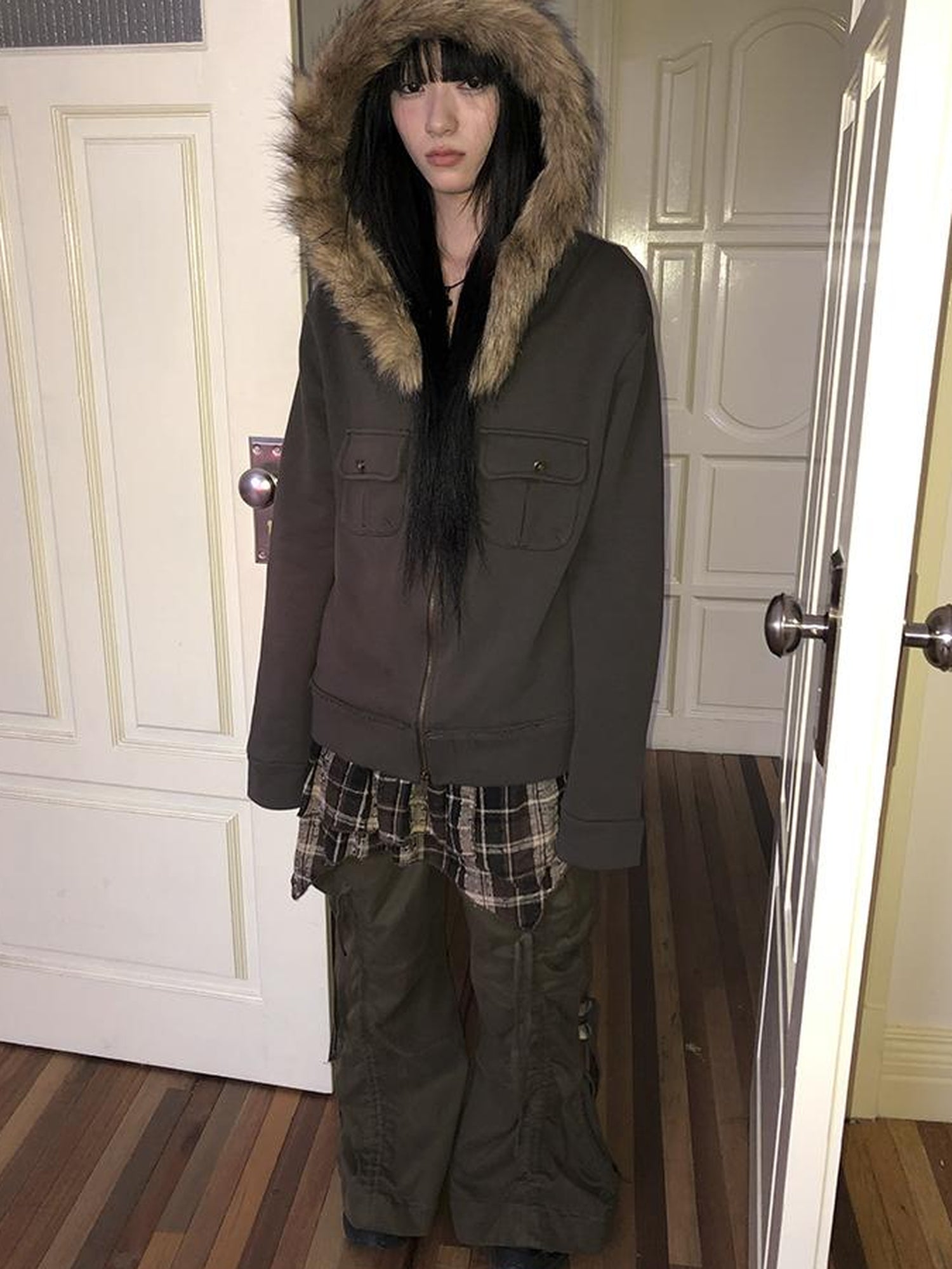 Updateang project Detachable Fur Hooded Fleece Sweatshirt With Pockets