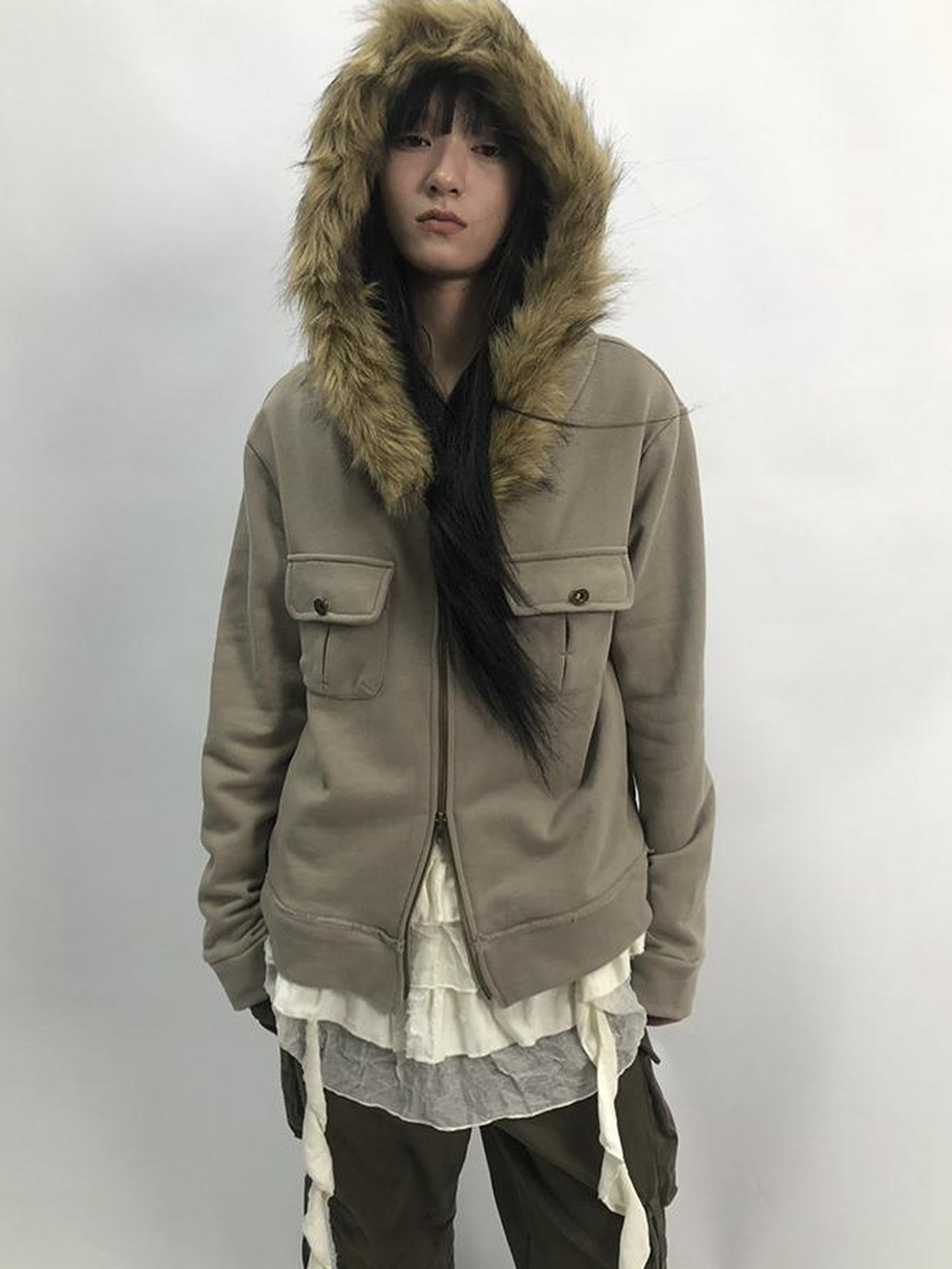 Updateang project Detachable Fur Hooded Fleece Sweatshirt With Pockets