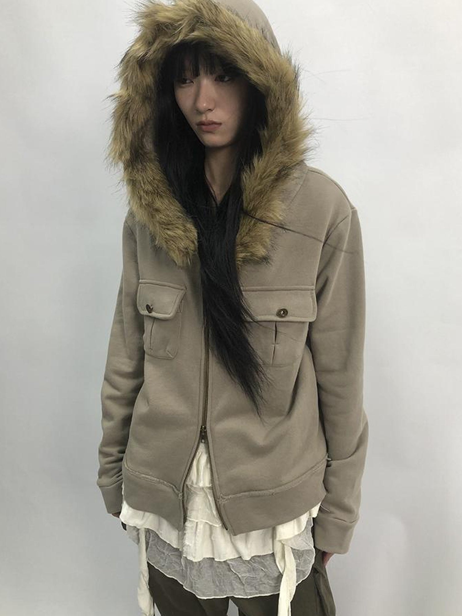 Updateang project Detachable Fur Hooded Fleece Sweatshirt With Pockets