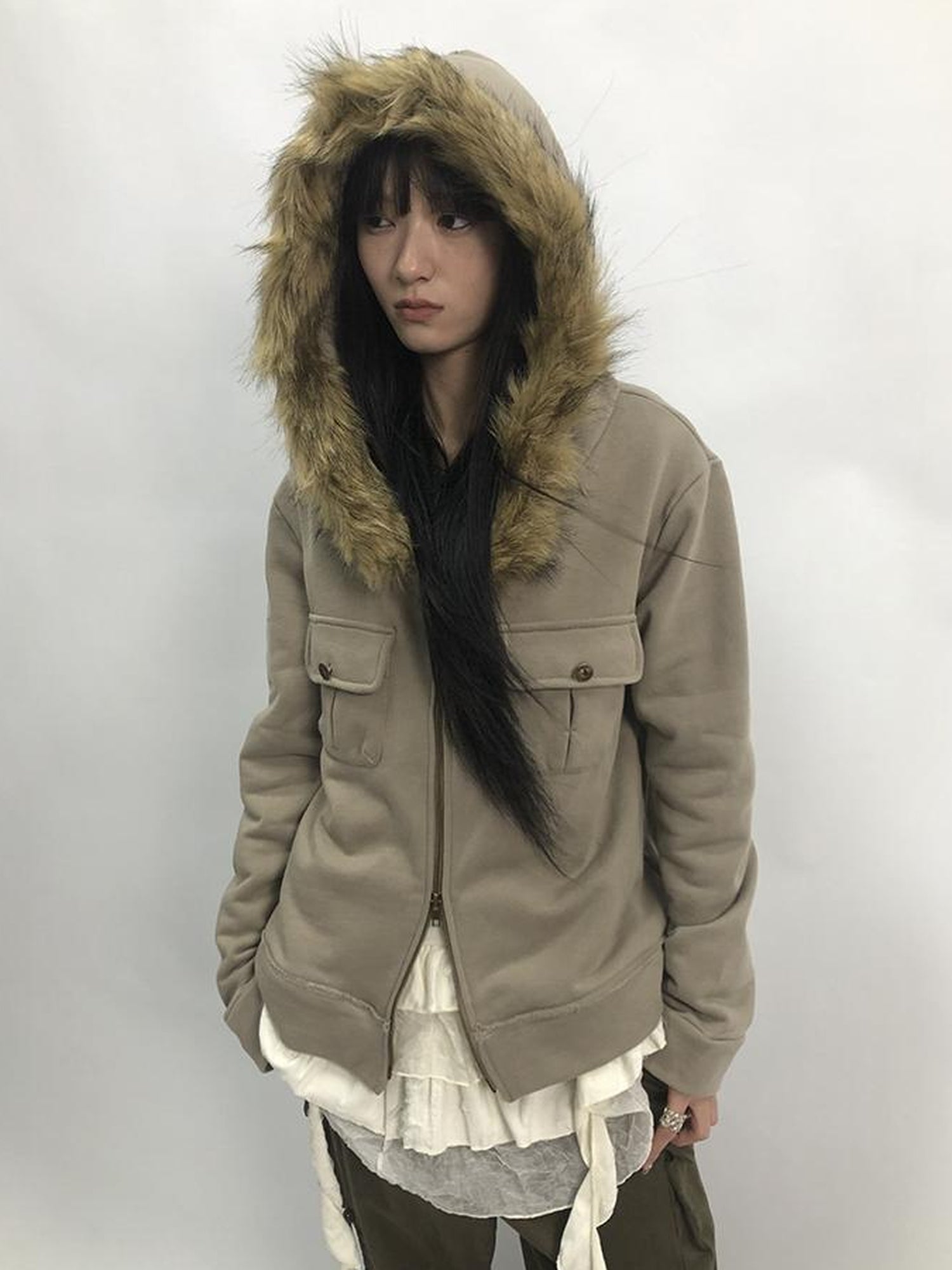 Updateang project Detachable Fur Hooded Fleece Sweatshirt With Pockets