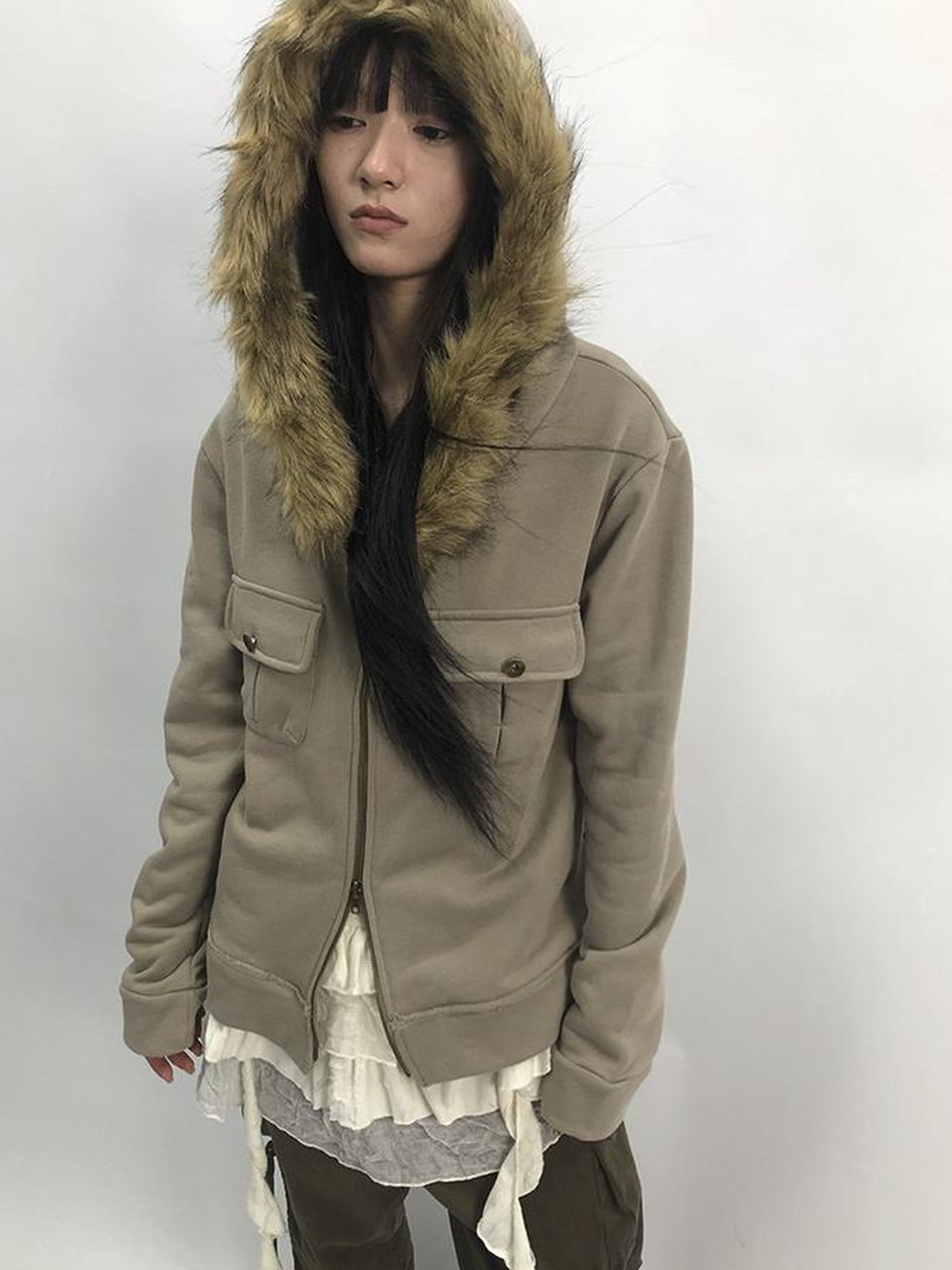 Updateang project Detachable Fur Hooded Fleece Sweatshirt With Pockets