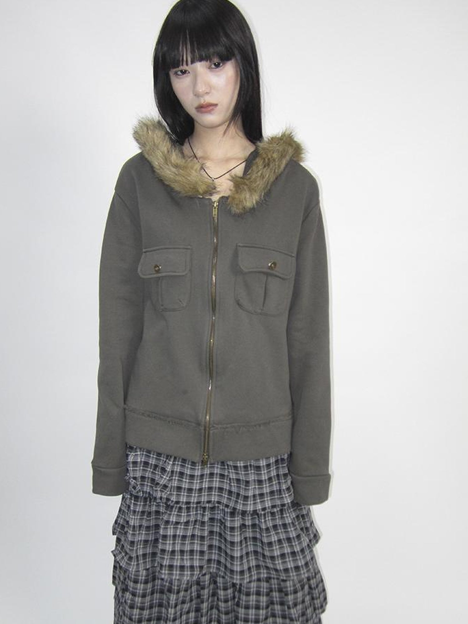 Updateang project Detachable Fur Hooded Fleece Sweatshirt With Pockets