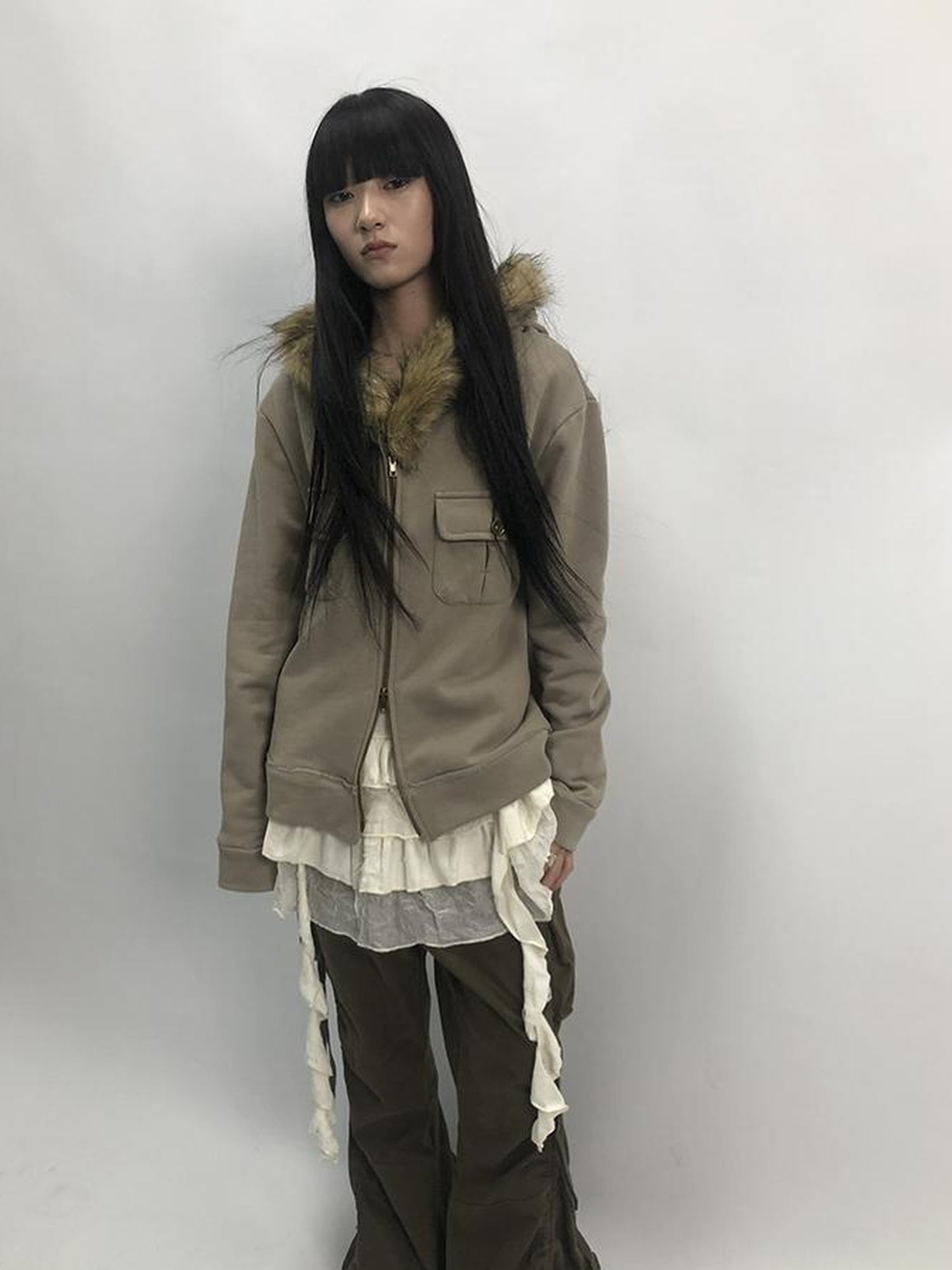 Updateang project Detachable Fur Hooded Fleece Sweatshirt With Pockets