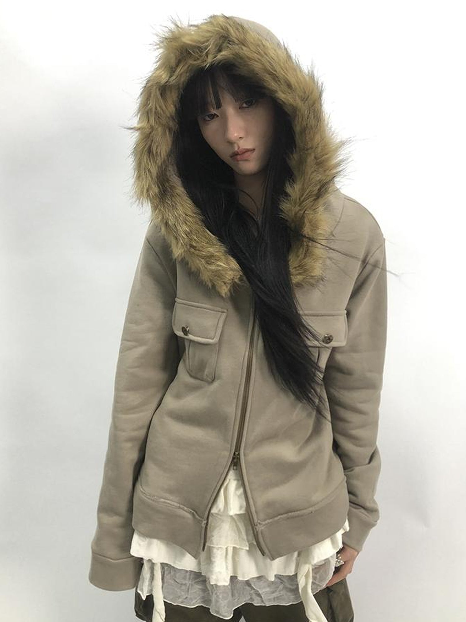 Updateang project Detachable Fur Hooded Fleece Sweatshirt With Pockets