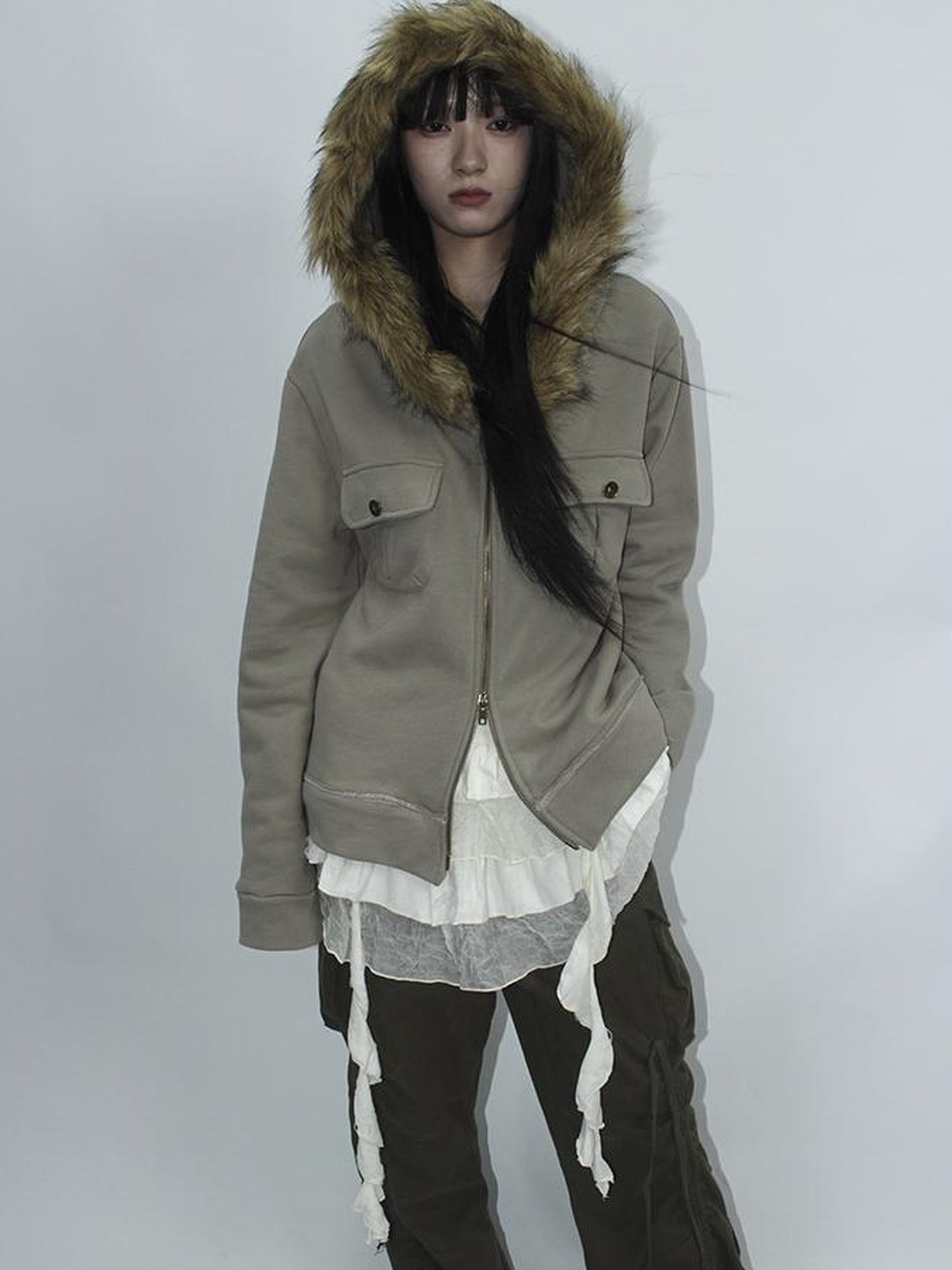 Updateang project Detachable Fur Hooded Fleece Sweatshirt With Pockets