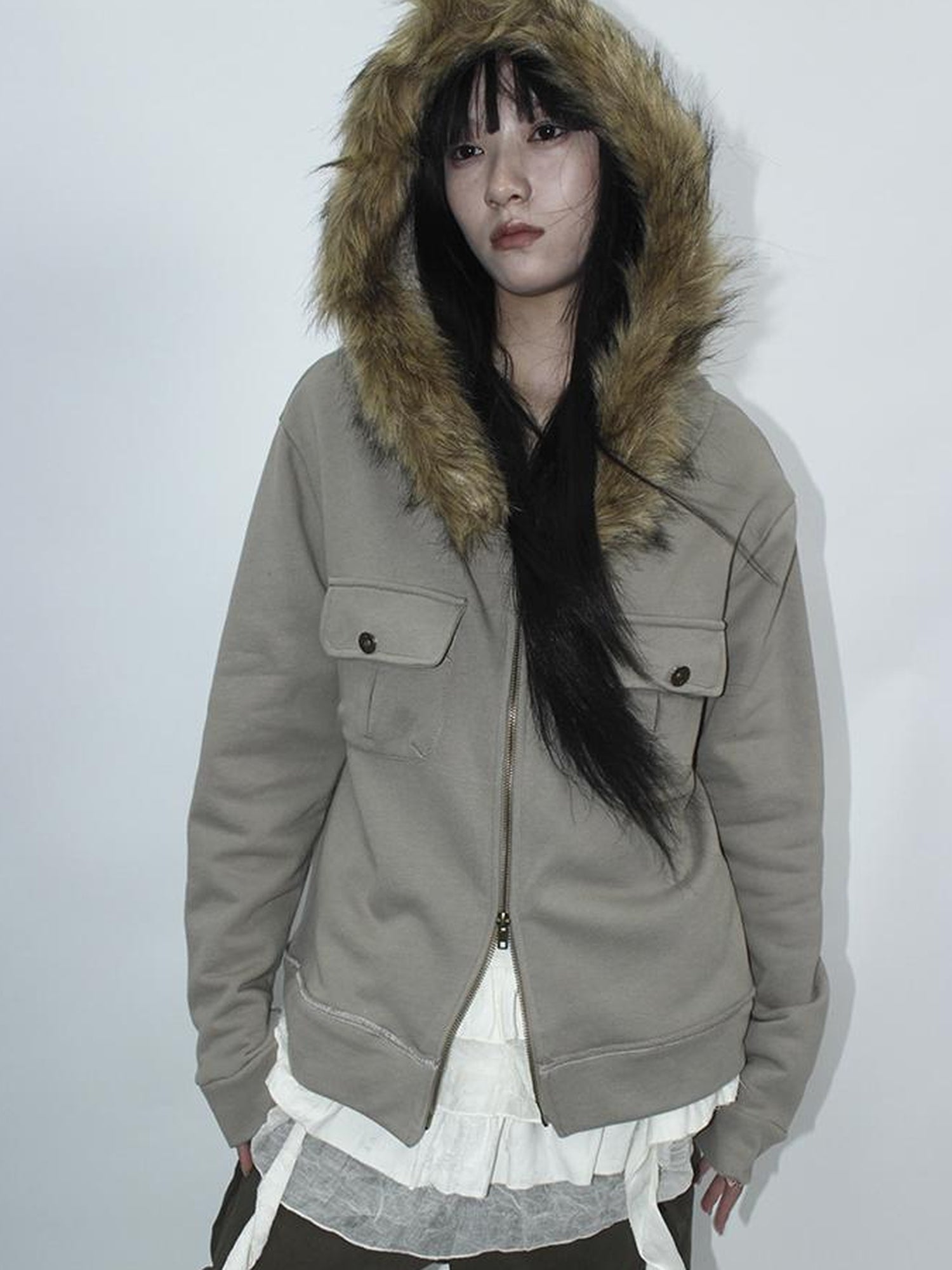 Updateang project Detachable Fur Hooded Fleece Sweatshirt With Pockets