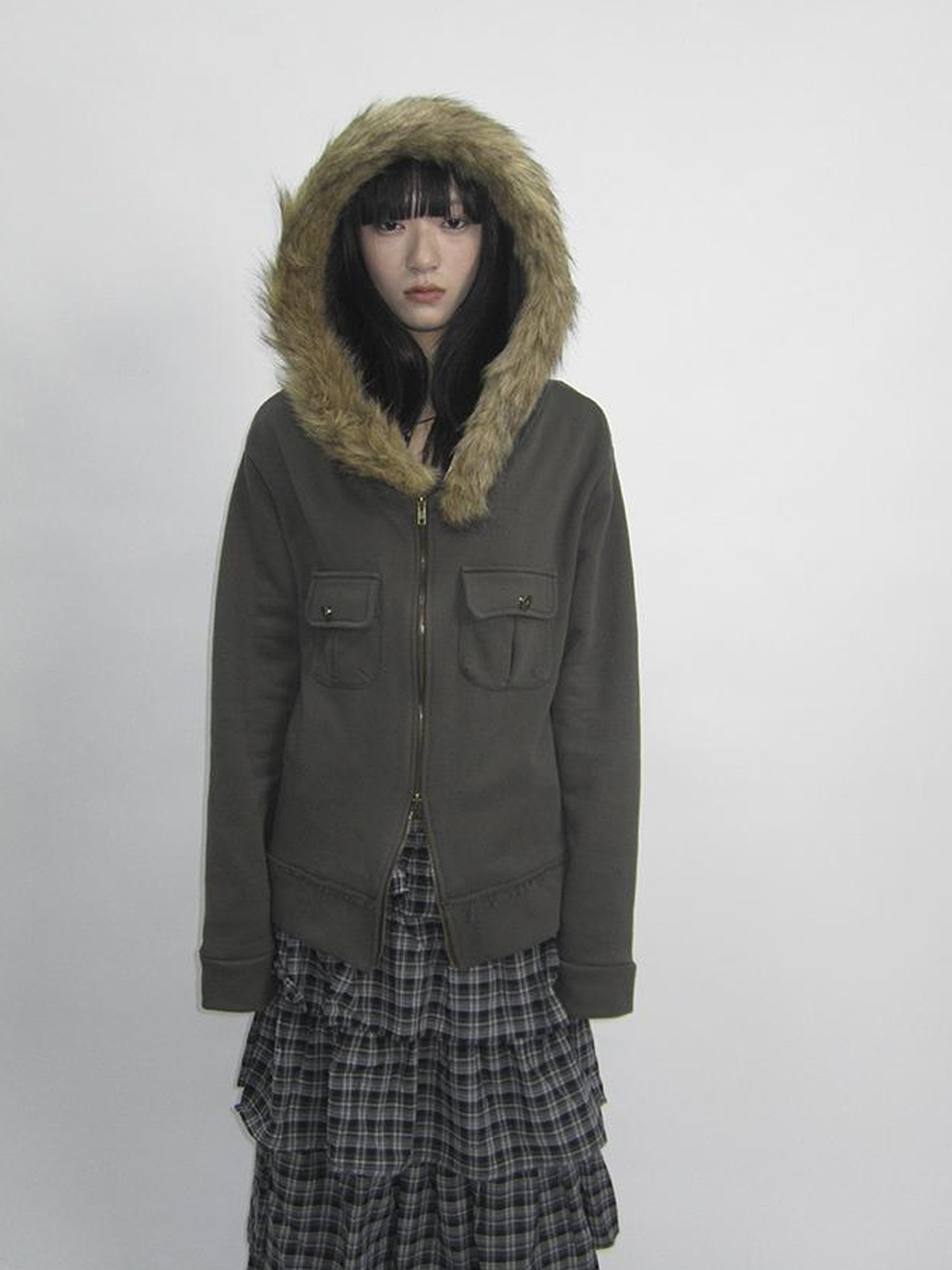 Updateang project Detachable Fur Hooded Fleece Sweatshirt With Pockets