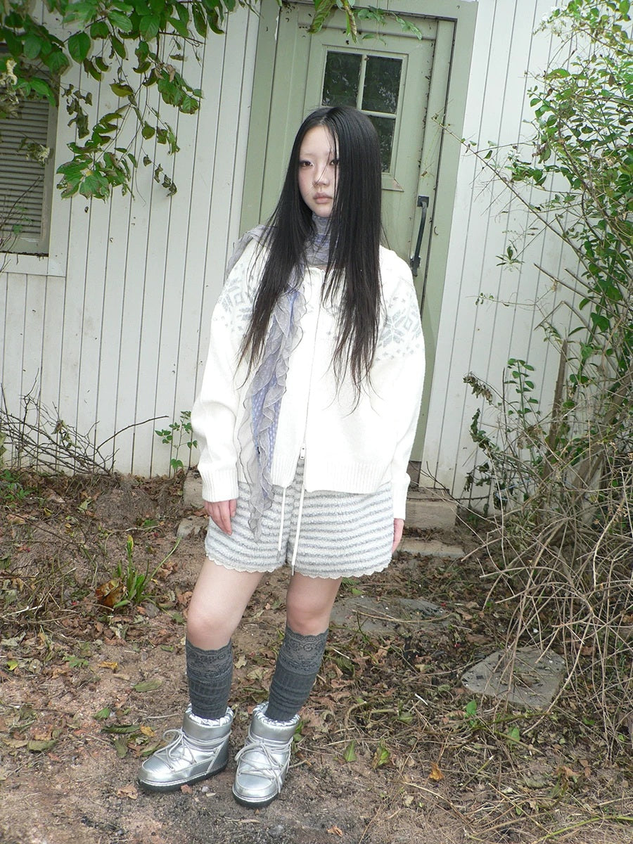 ang project Diamond Knit Zip Loose Fit Commuter Long Sleeve Round Neck Cardigans