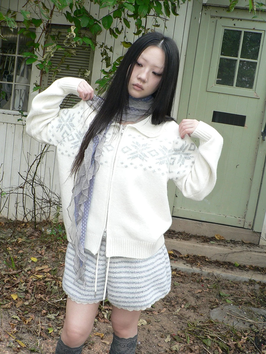 ang project Diamond Knit Zip Loose Fit Commuter Long Sleeve Round Neck Cardigans