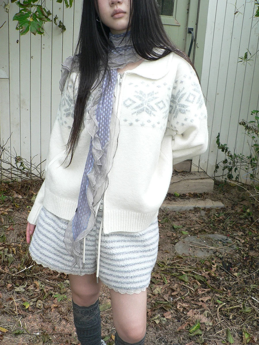 ang project Diamond Knit Zip Loose Fit Commuter Long Sleeve Round Neck Cardigans