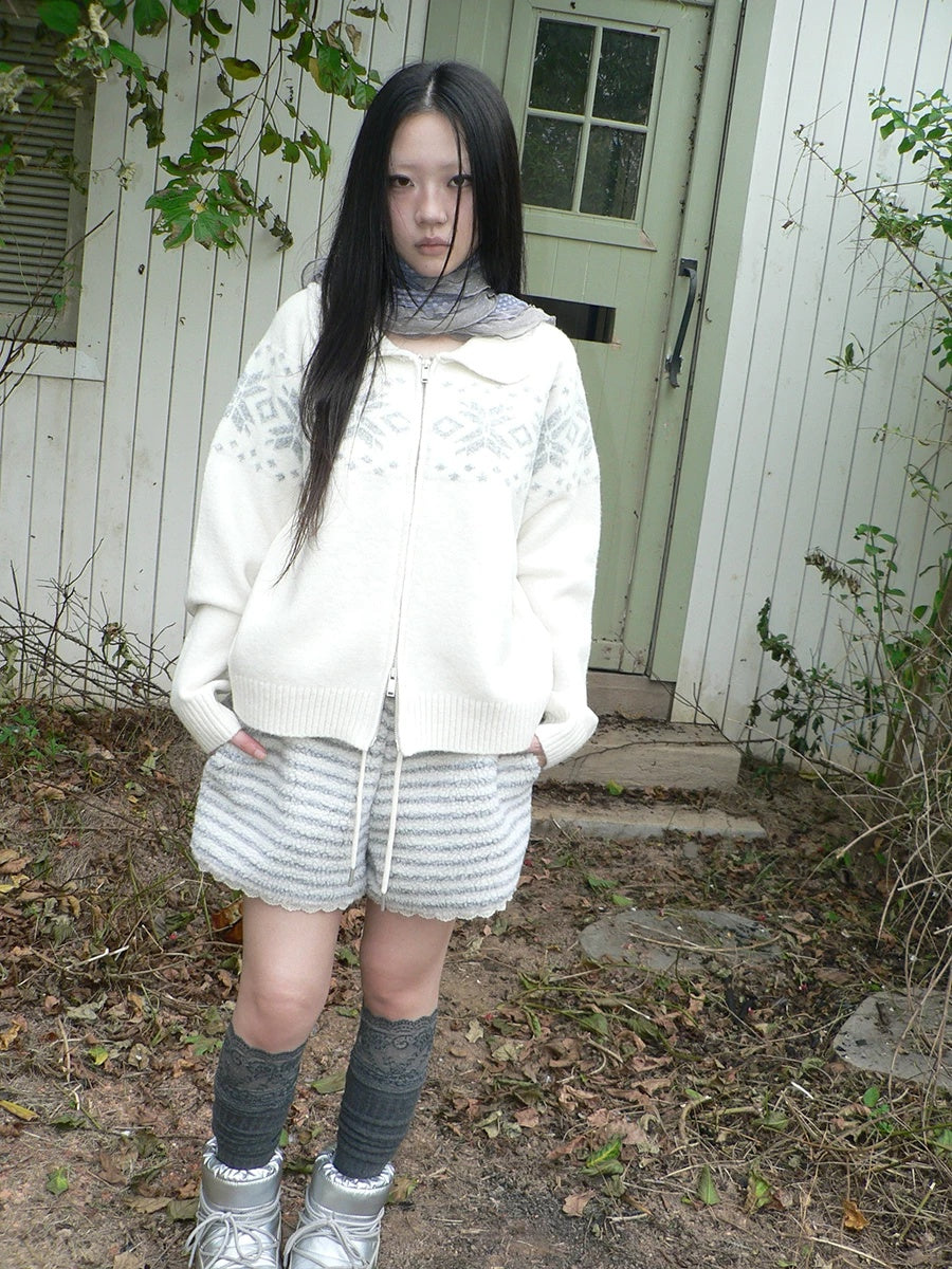 ang project Diamond Knit Zip Loose Fit Commuter Long Sleeve Round Neck Cardigans