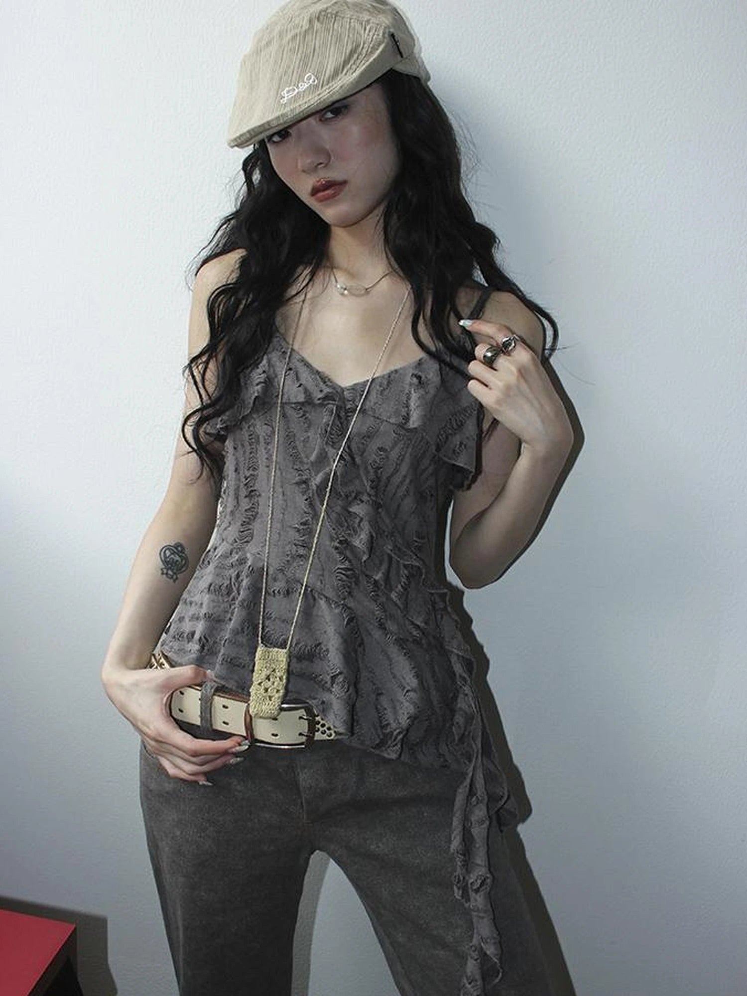 Distressed Asymmetrical Hem V-Neck Tank Top with Ruffle Straps