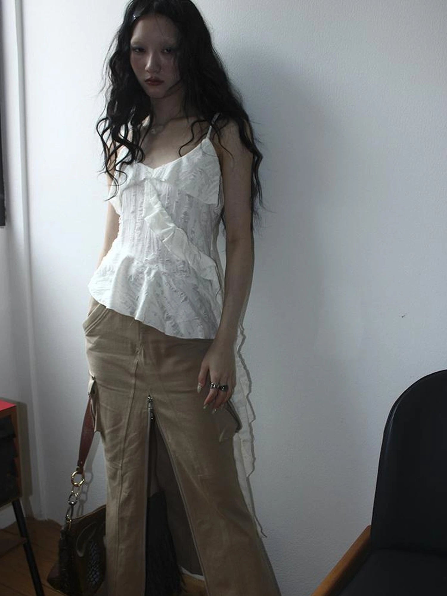 Distressed Asymmetrical Hem V-Neck Tank Top with Ruffle Straps